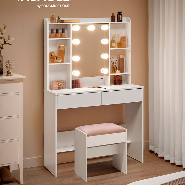 Dressing Table – Engineered Wood – Cloud White – LED Lights with Adjustable Brightness and 2 Drawers