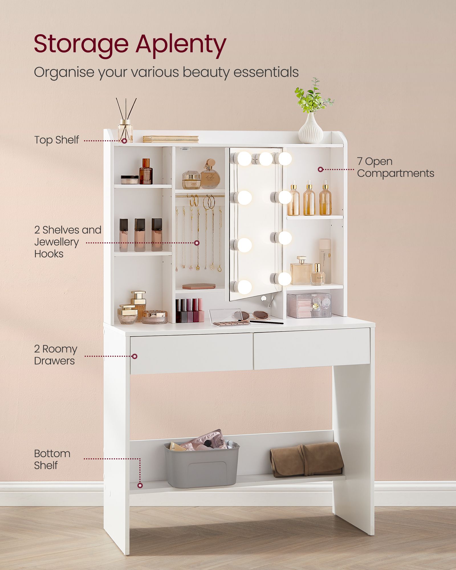 Dressing Table – Engineered Wood – Cloud White – LED Lights with Adjustable Brightness and 2 Drawers