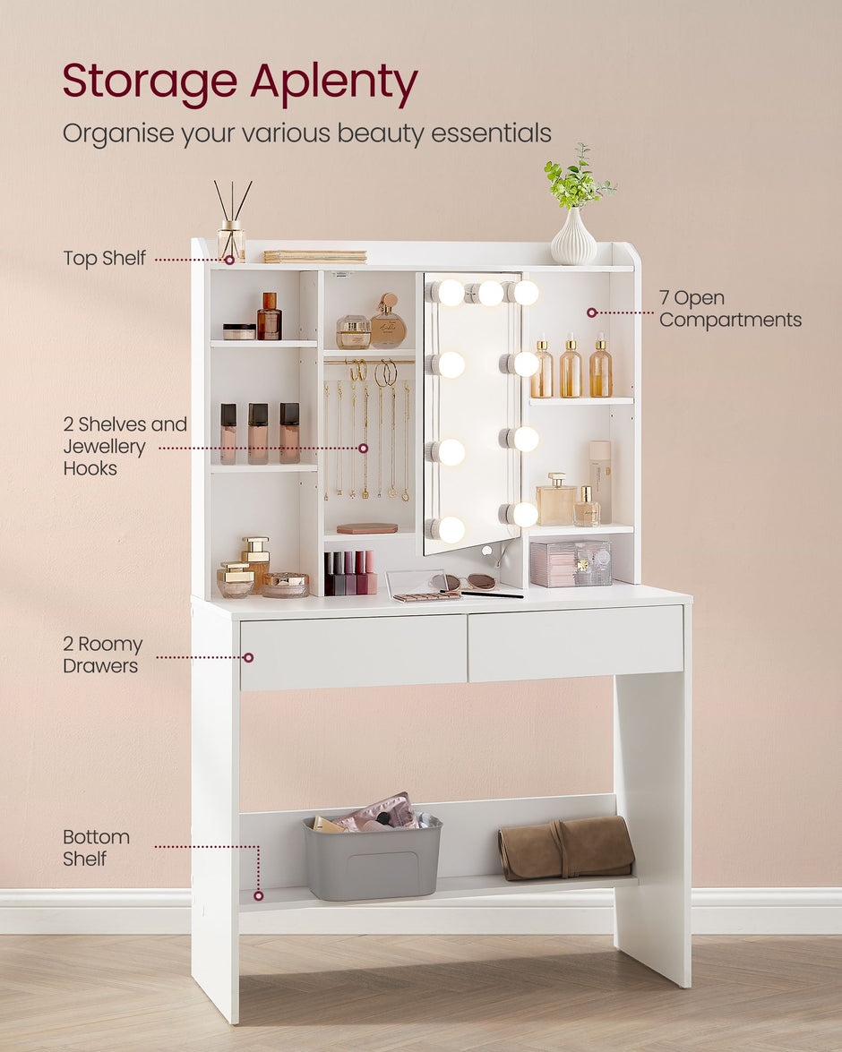 Dressing Table – Engineered Wood – Cloud White – LED Lights with Adjustable Brightness and 2 Drawers