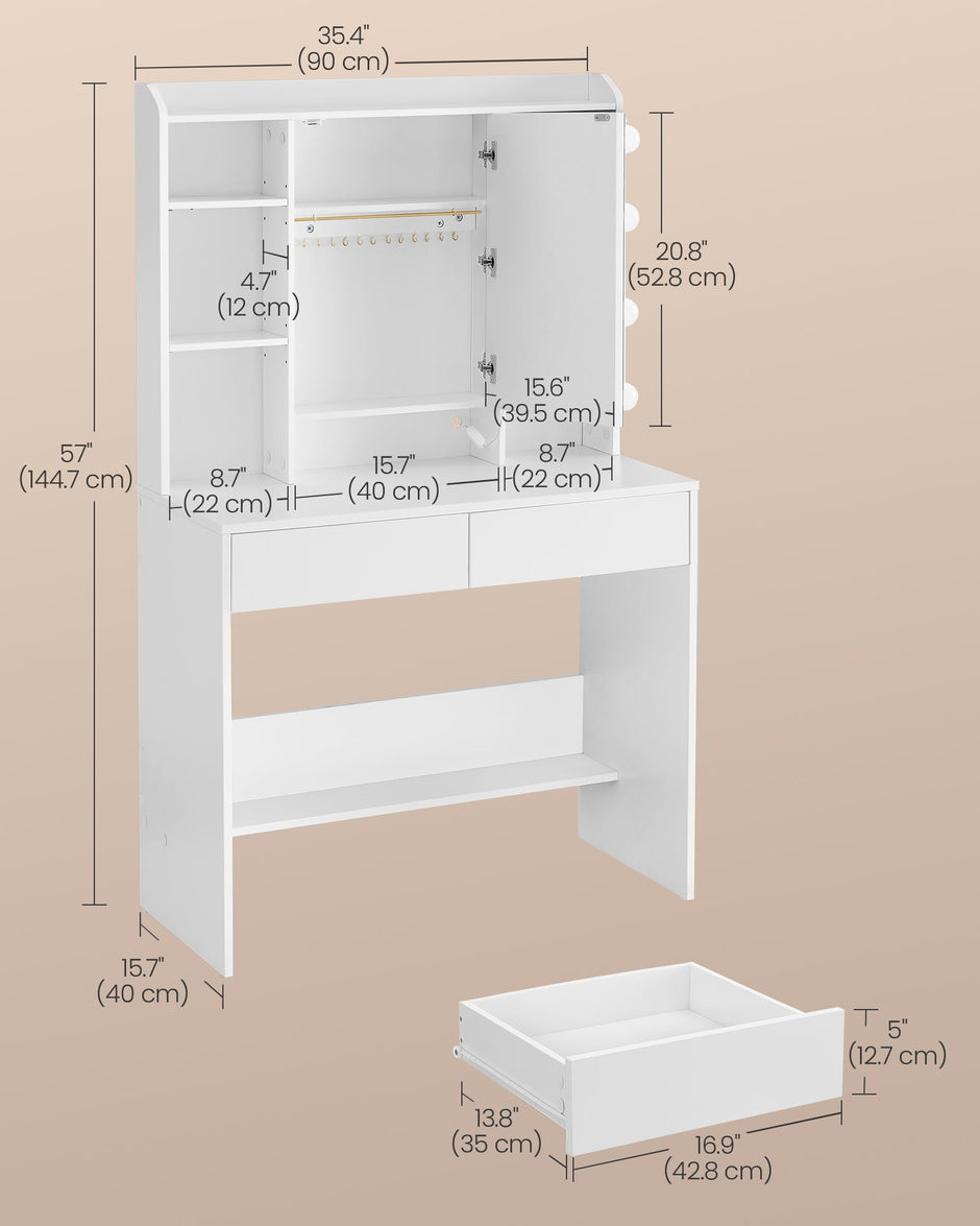 Dressing Table – Engineered Wood – Cloud White – LED Lights with Adjustable Brightness and 2 Drawers
