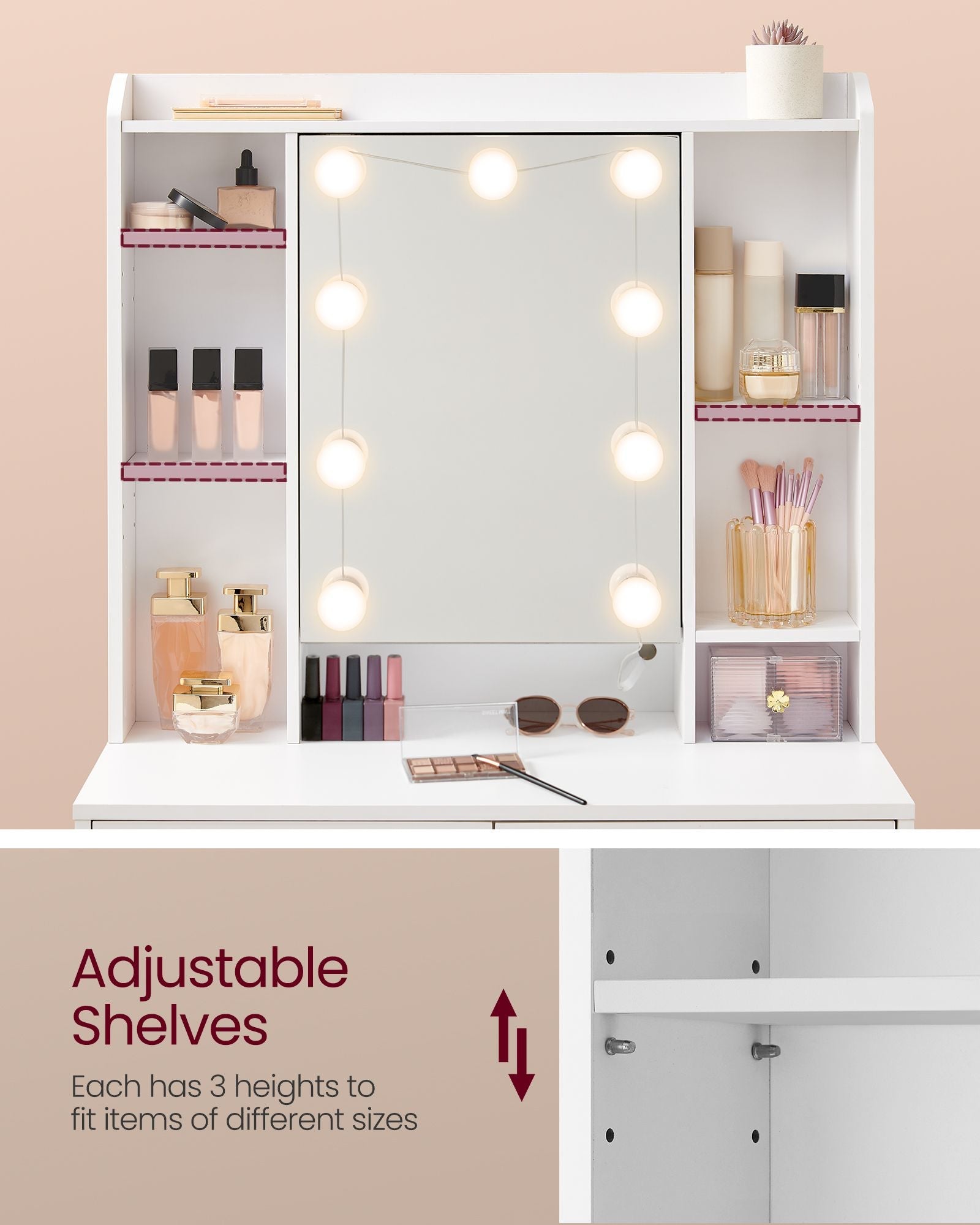 Dressing Table – Engineered Wood – Cloud White – LED Lights with Adjustable Brightness and 2 Drawers