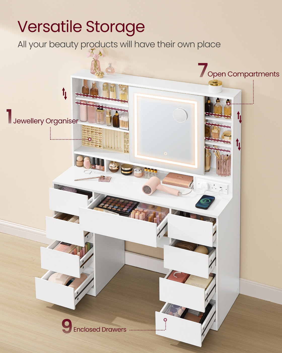 Dressing Table – MDF – Cloud White – LED Mirror with Power Outlets and 9 Drawers