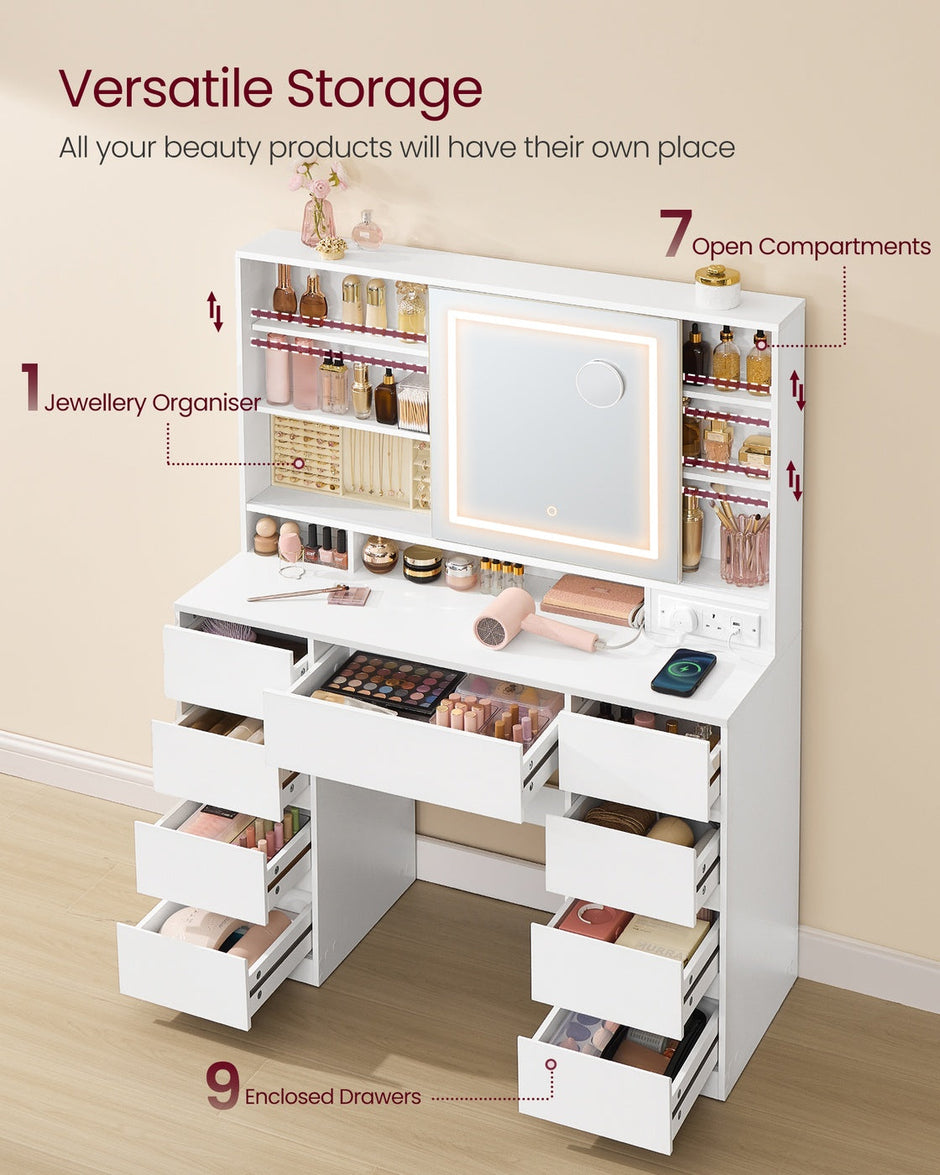 Dressing Table – MDF – Cloud White – LED Mirror with Power Outlets and 9 Drawers