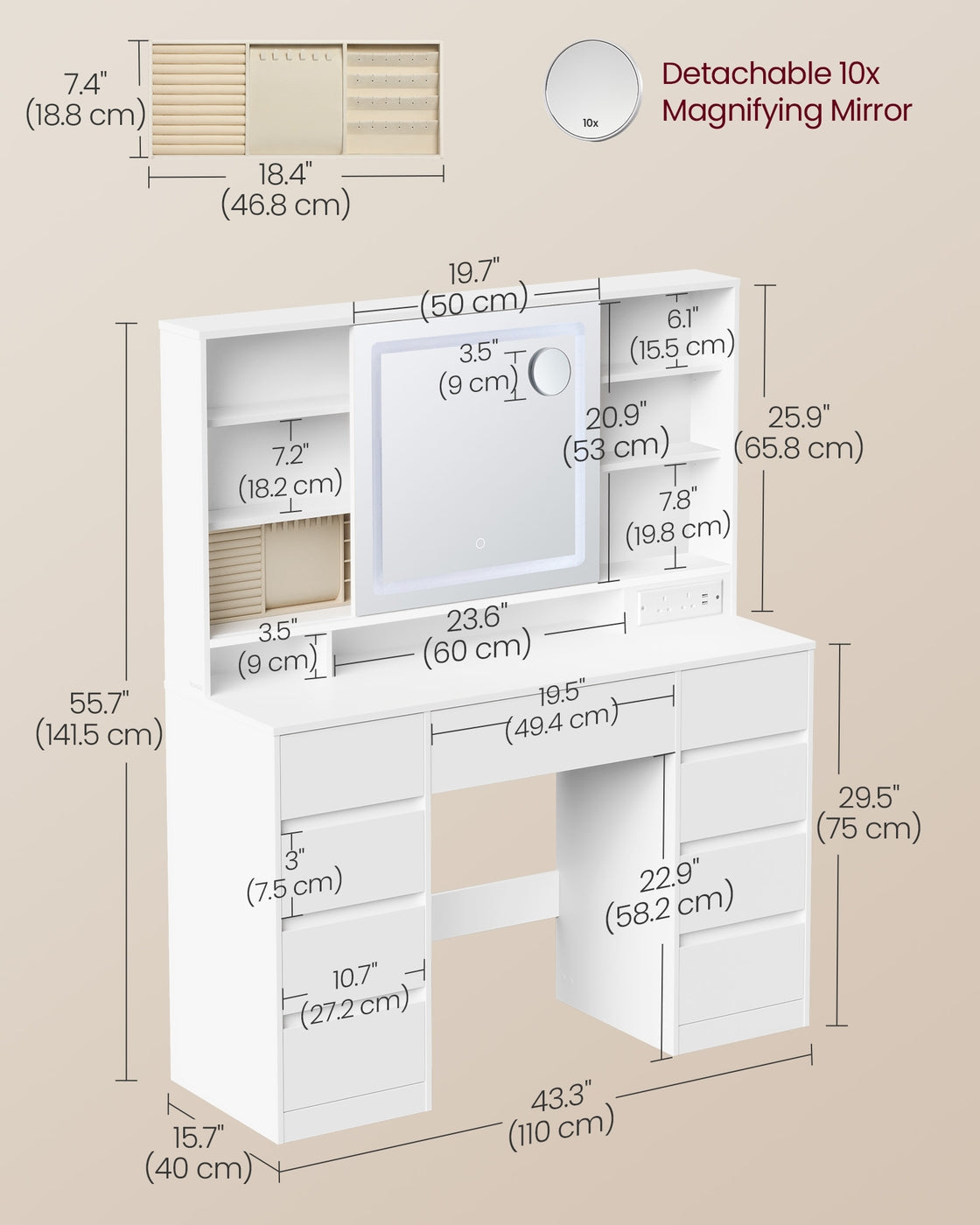 Dressing Table – MDF – Cloud White – LED Mirror with Power Outlets and 9 Drawers