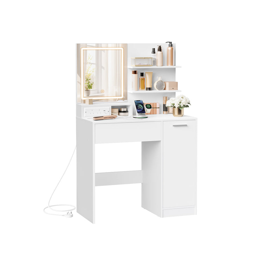 Dressing Table – MDF – White – LED Lights with Adjustable Shelves and Power Outlet