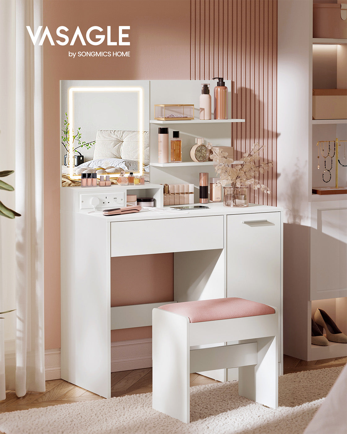 Dressing Table – MDF – White – LED Lights with Adjustable Shelves and Power Outlet