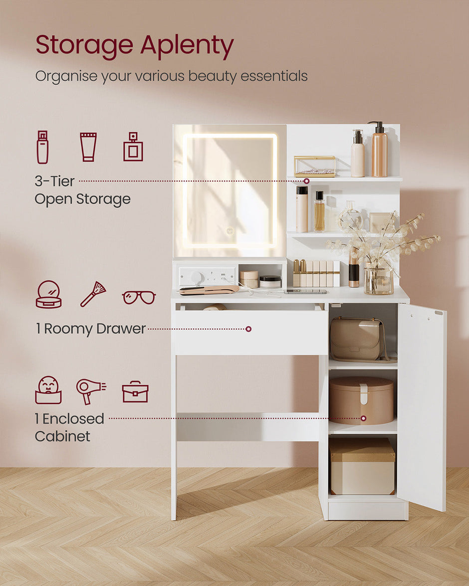 Dressing Table – MDF – White – LED Lights with Adjustable Shelves and Power Outlet