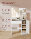 Dressing Table – MDF – White – LED Lights with Adjustable Shelves and Power Outlet