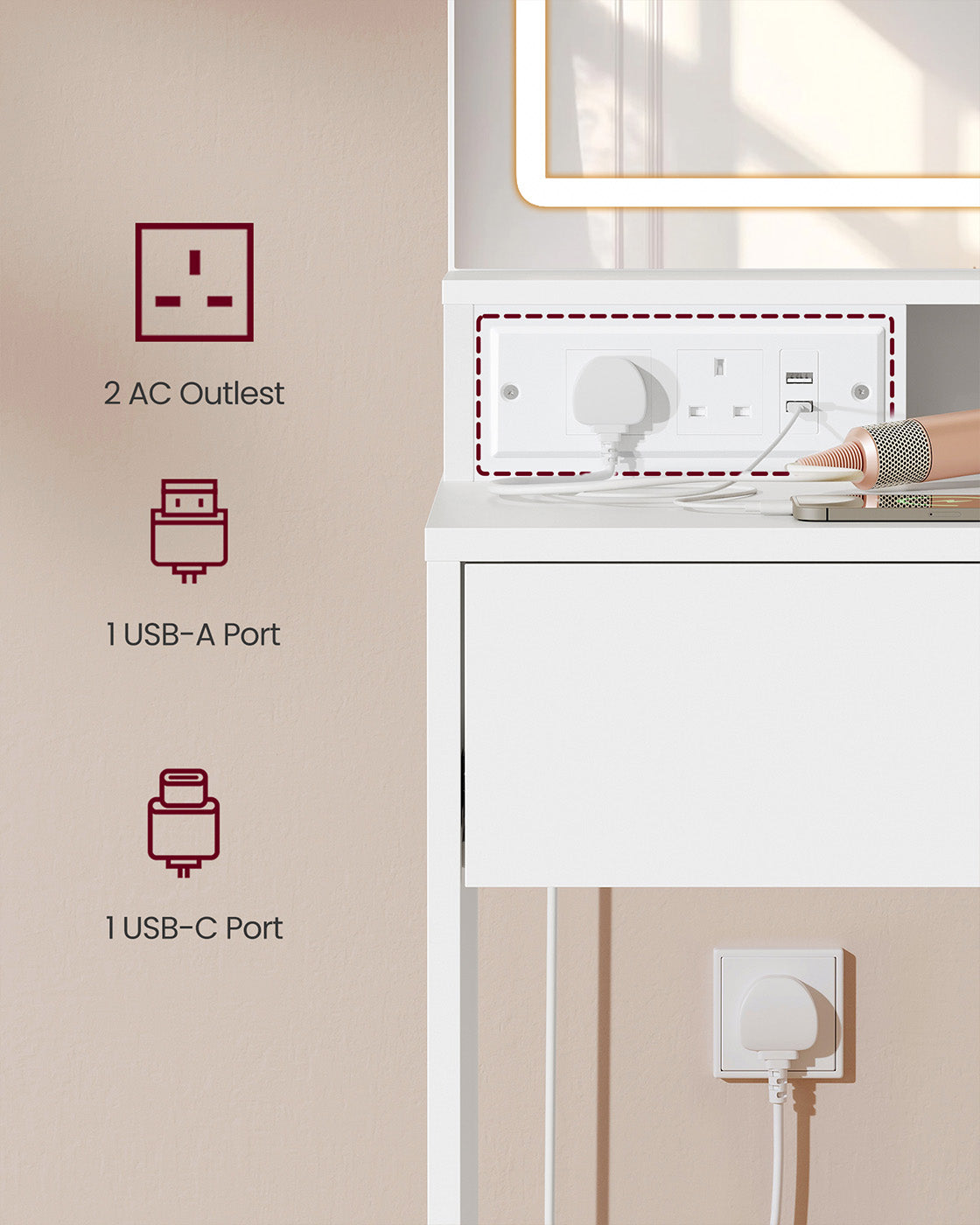 Dressing Table – MDF – White – LED Lights with Adjustable Shelves and Power Outlet