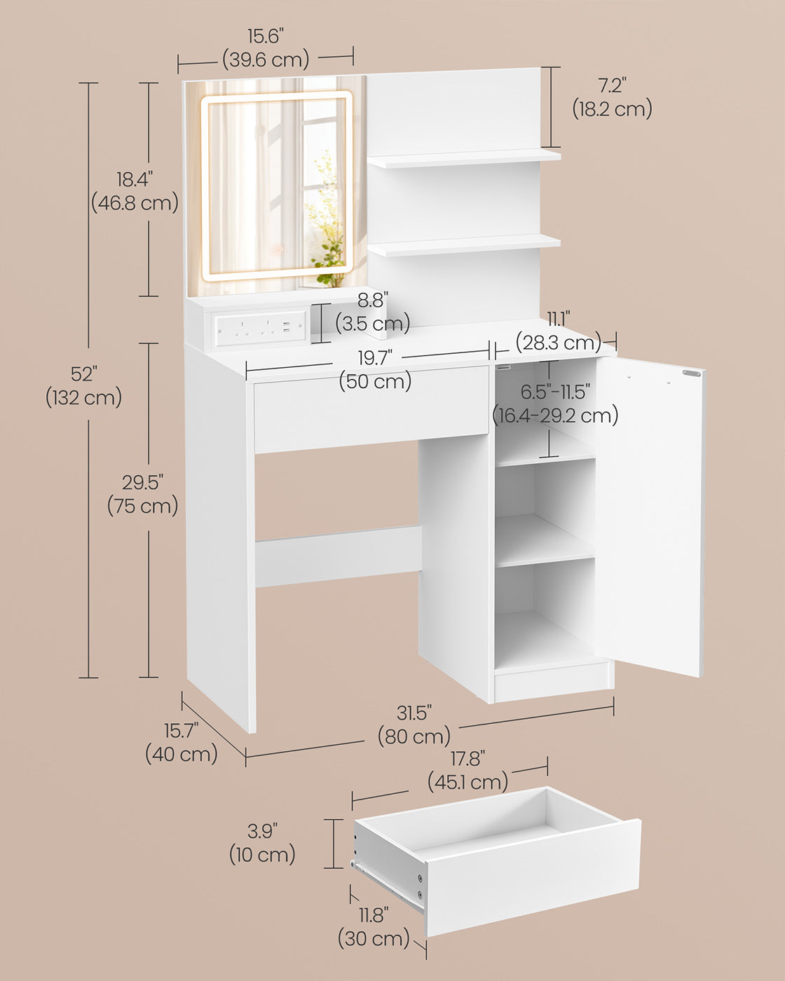 Dressing Table – MDF – White – LED Lights with Adjustable Shelves and Power Outlet