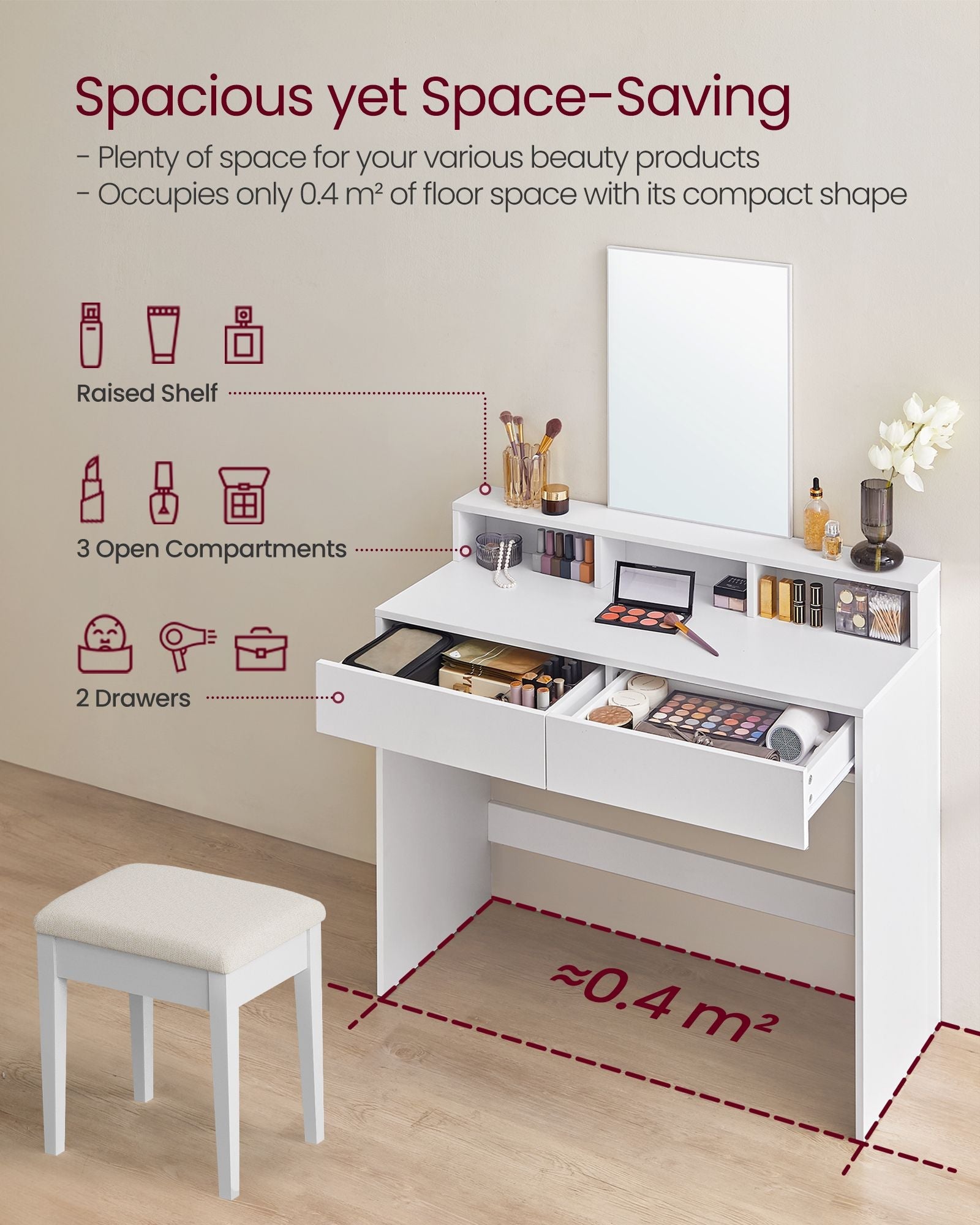 Dressing Table – Wood – Modern Finish – Large Rectangular Mirror with 2 Drawers and 3 Open Compartments