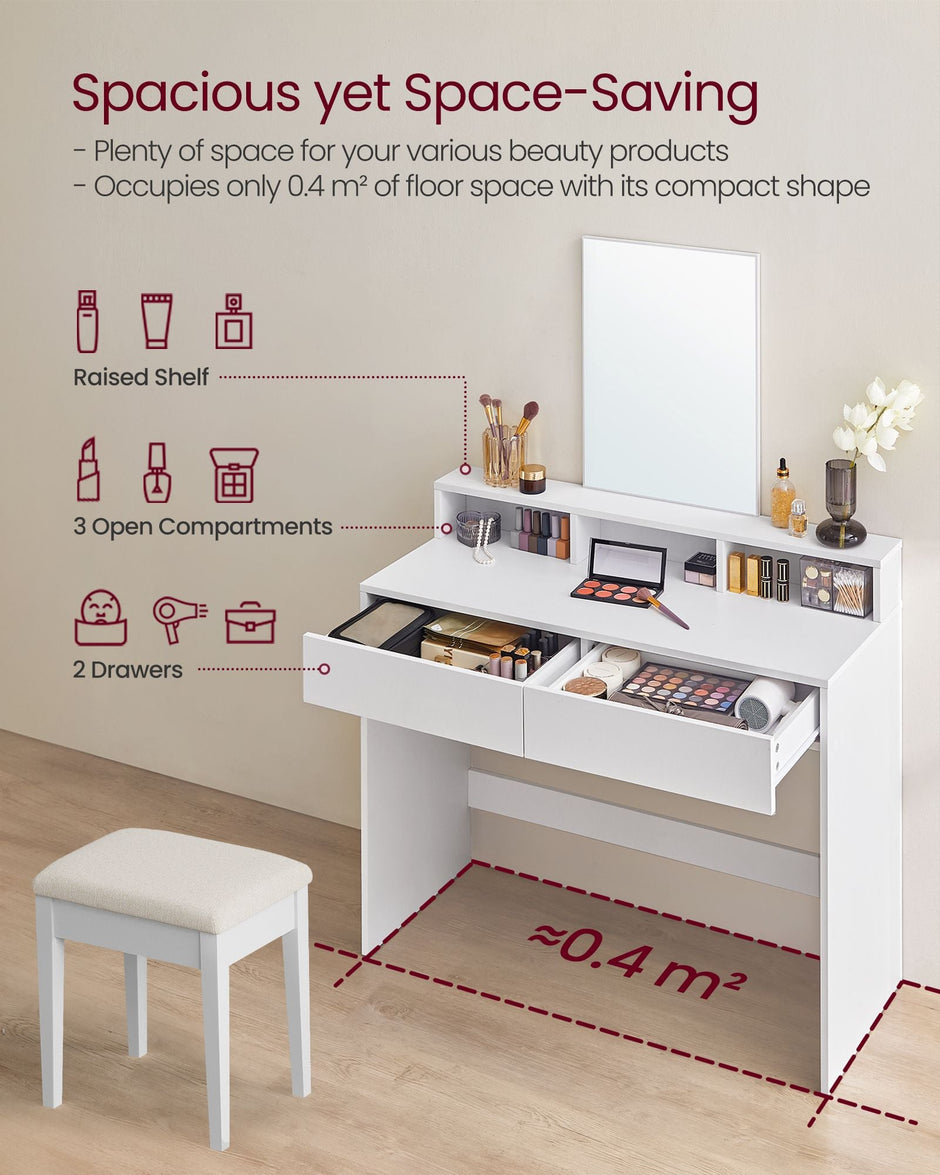 Dressing Table – Wood – Modern Finish – Large Rectangular Mirror with 2 Drawers and 3 Open Compartments
