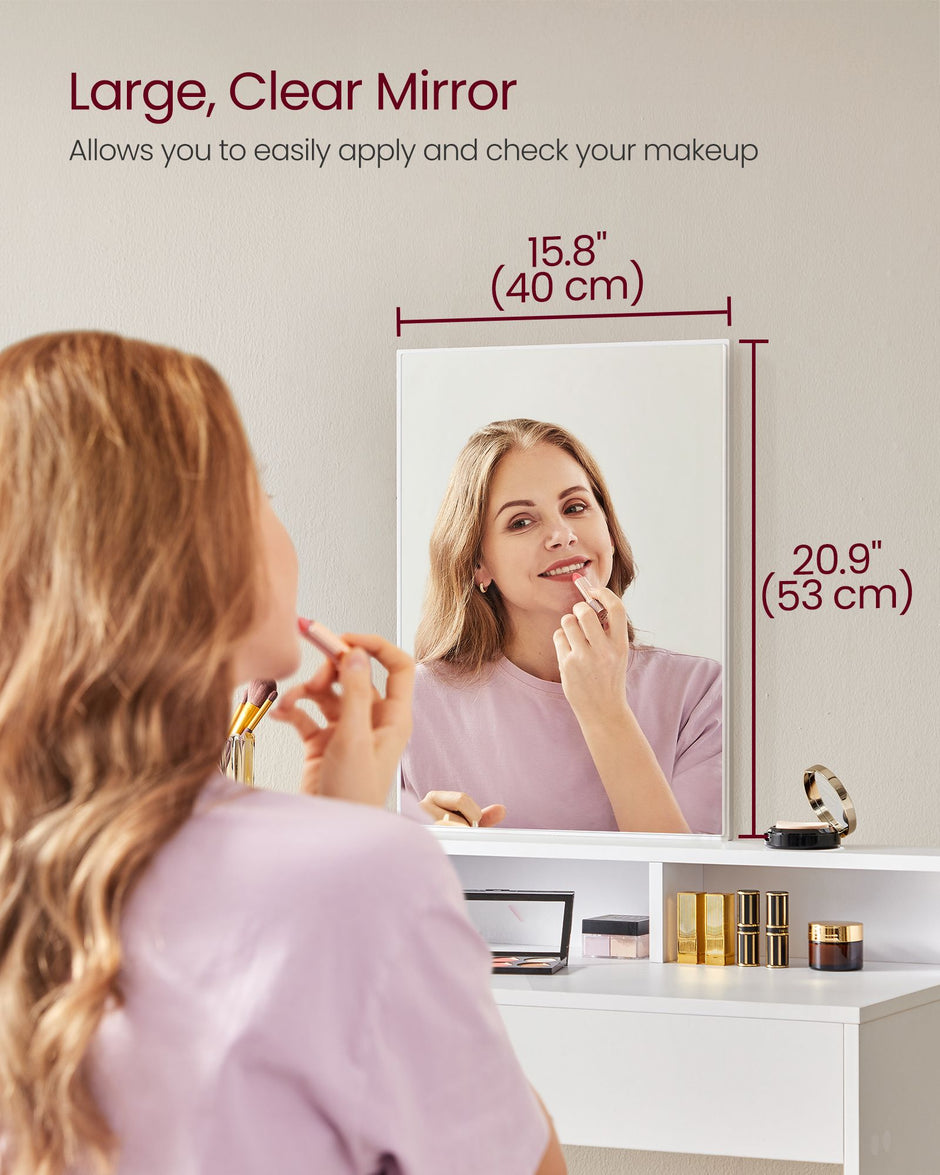 Dressing Table – Wood – Modern Finish – Large Rectangular Mirror with 2 Drawers and 3 Open Compartments
