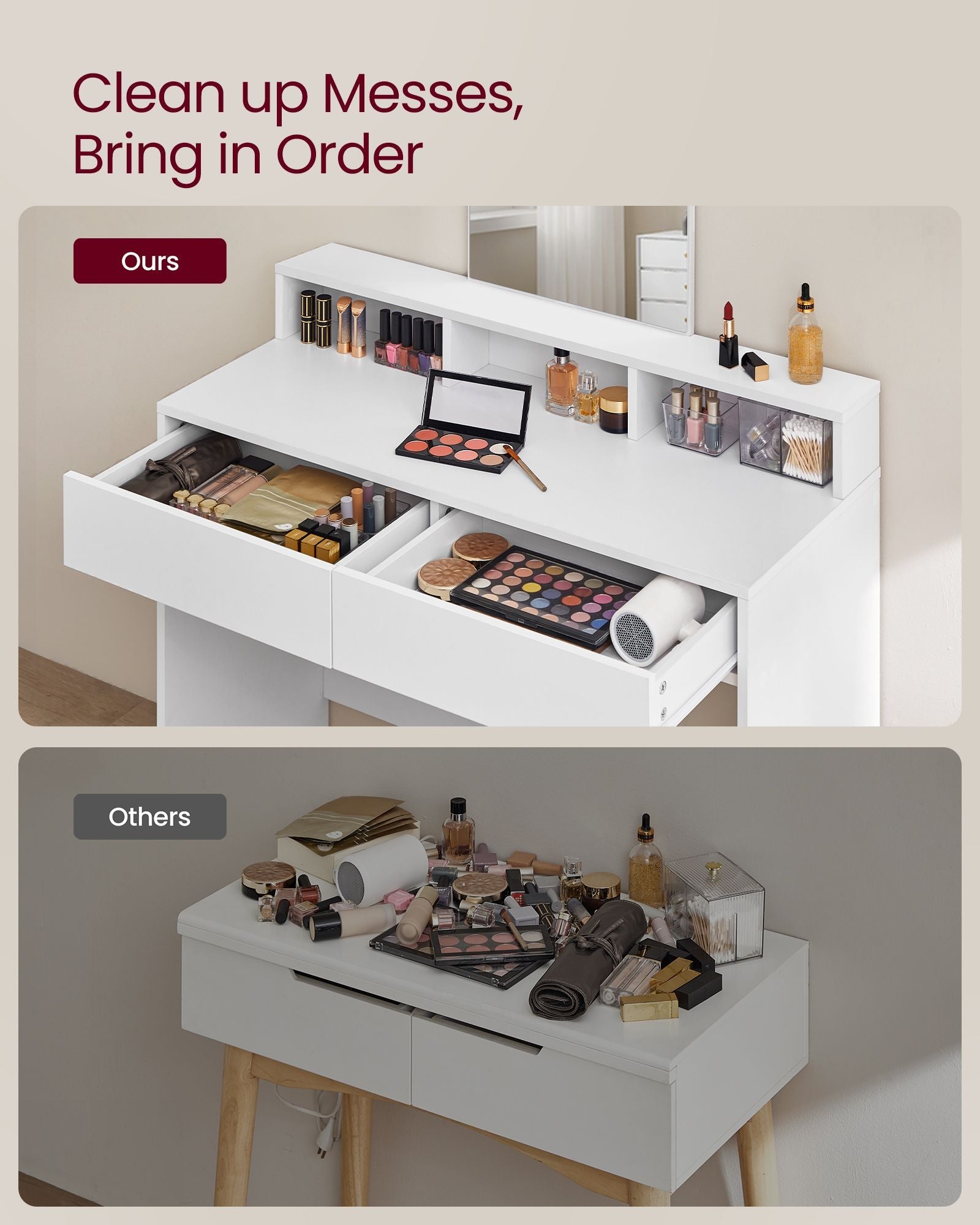 Dressing Table – Wood – Modern Finish – Large Rectangular Mirror with 2 Drawers and 3 Open Compartments