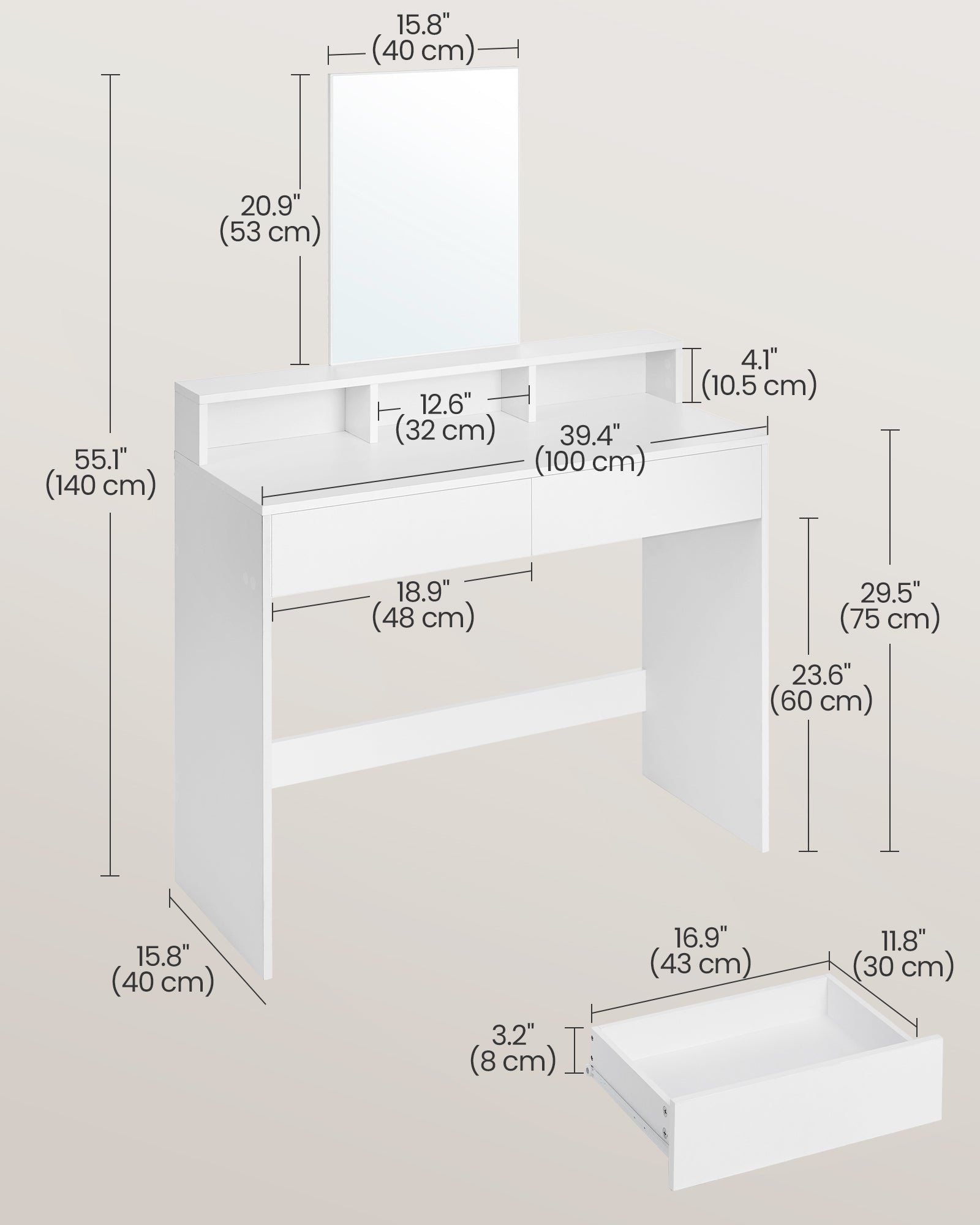 Dressing Table – Wood – Modern Finish – Large Rectangular Mirror with 2 Drawers and 3 Open Compartments