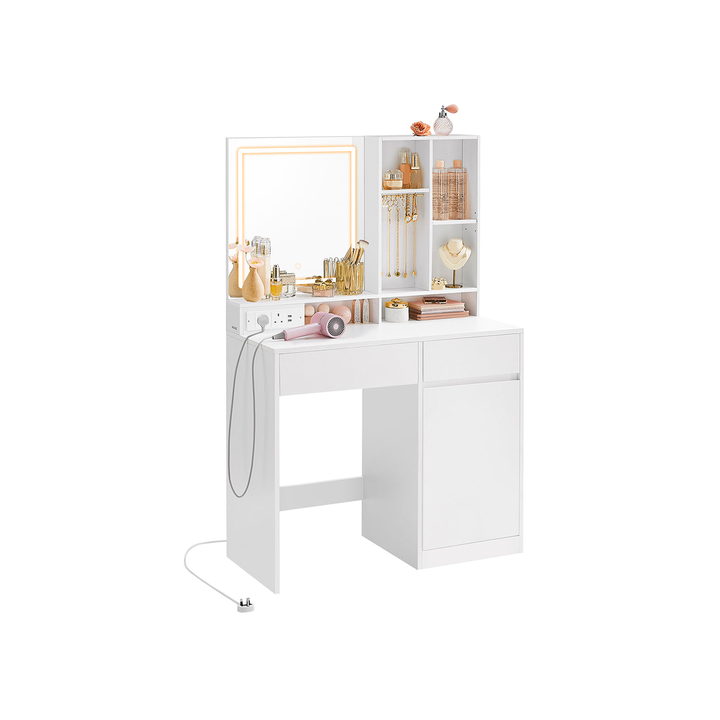 Dressing Table – Wood – Cloud White – Illuminated Mirror with Power Outlets and Drawers