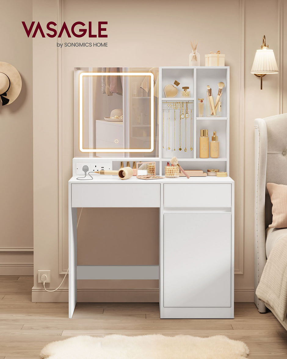 Dressing Table – Wood – Cloud White – Illuminated Mirror with Power Outlets and Drawers