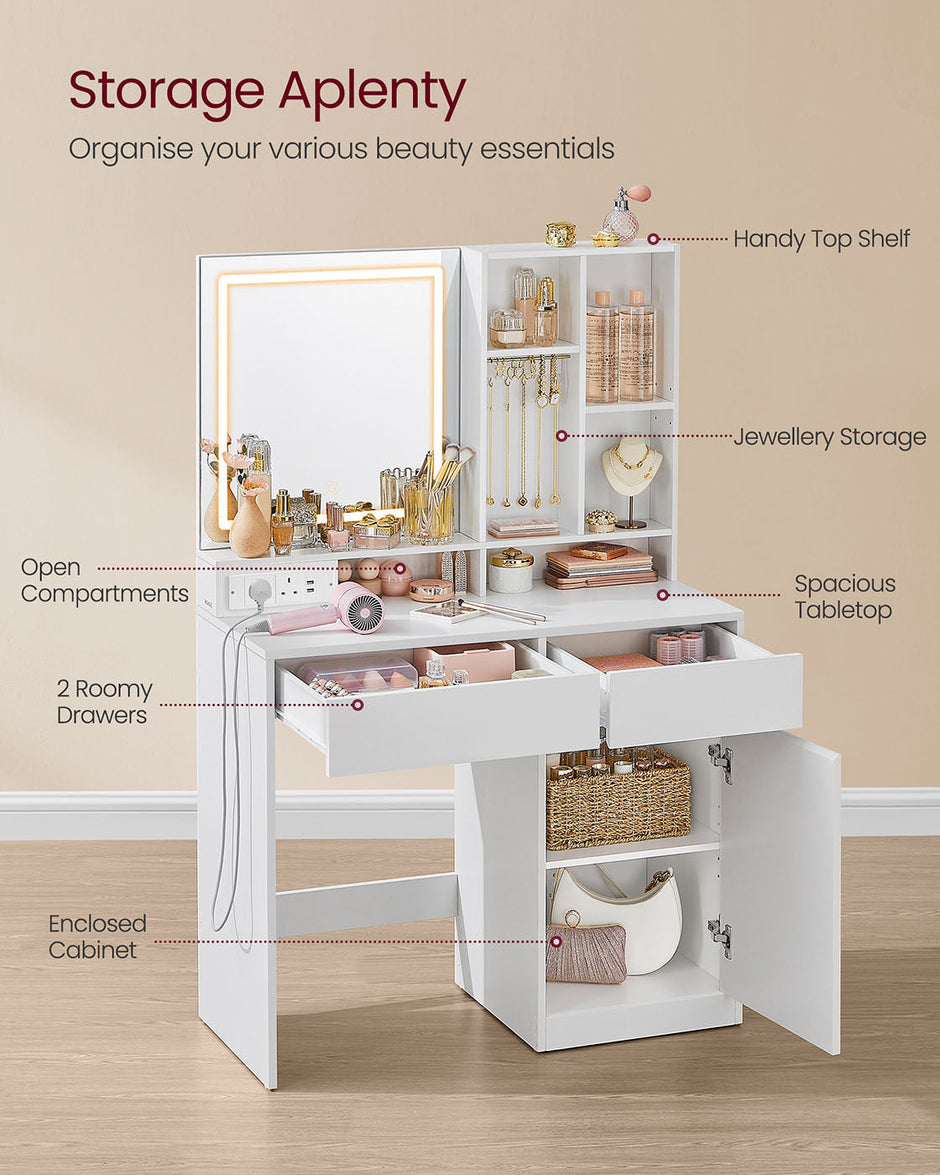 Dressing Table – Wood – Cloud White – Illuminated Mirror with Power Outlets and Drawers
