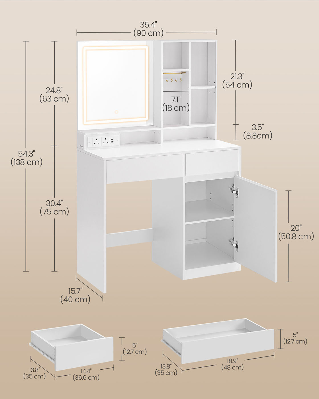 Dressing Table – Wood – Cloud White – Illuminated Mirror with Power Outlets and Drawers