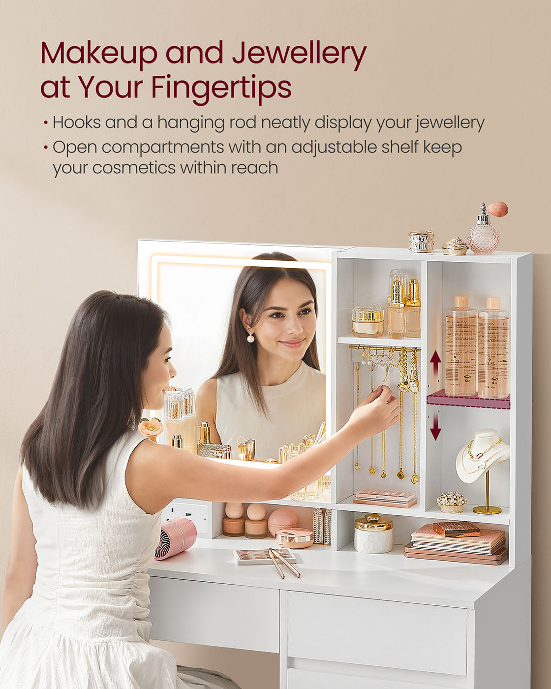Dressing Table – Wood – Cloud White – Illuminated Mirror with Power Outlets and Drawers