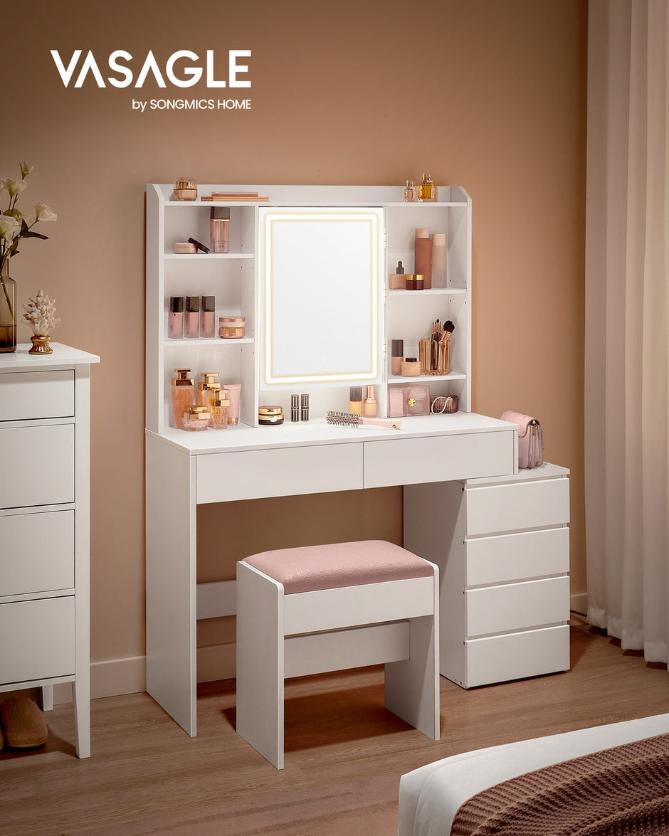 Dressing Table – Engineered Wood – Cloud White – LED Lights with Adjustable Brightness and Drawers