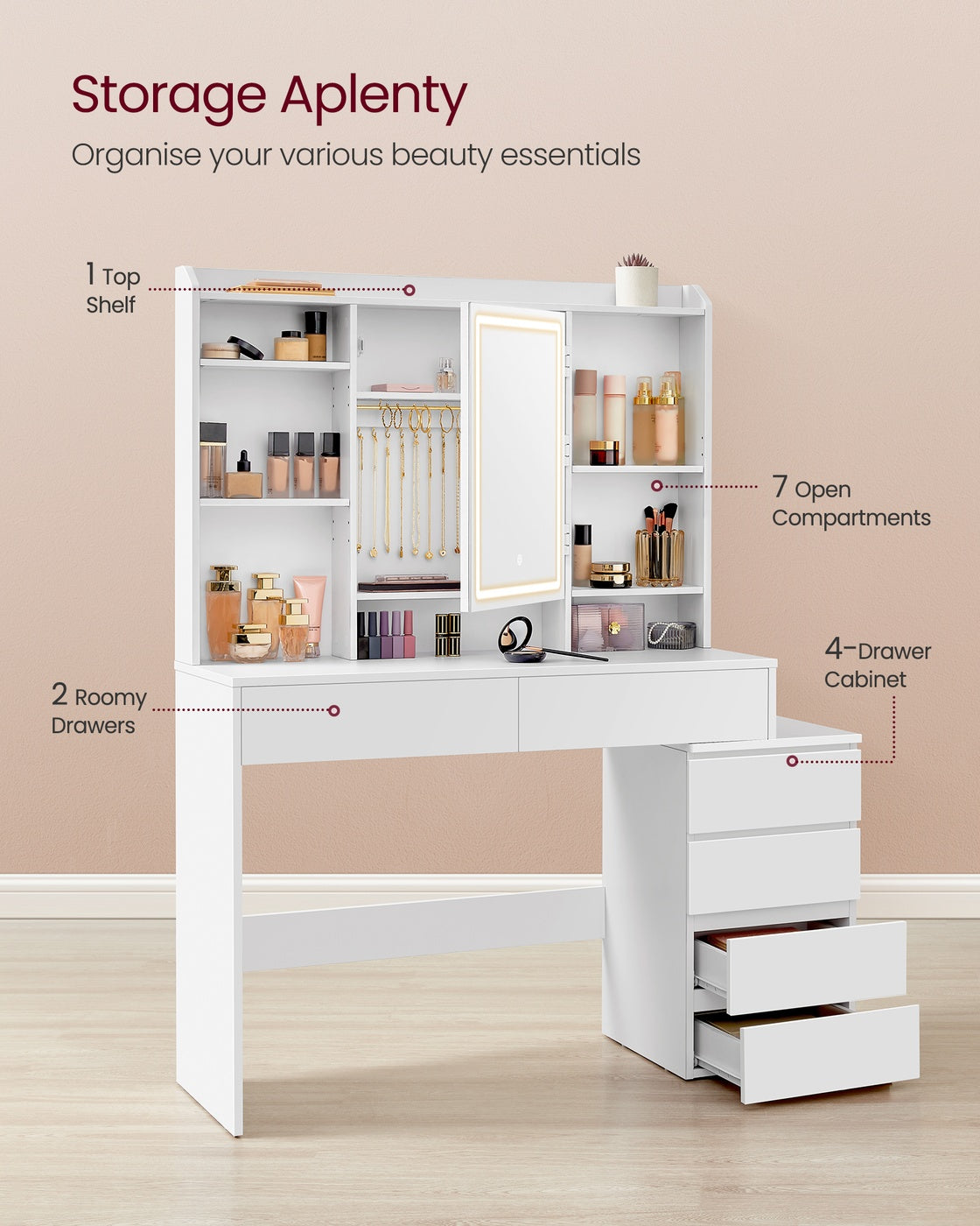 Dressing Table – Engineered Wood – Cloud White – LED Lights with Adjustable Brightness and Drawers