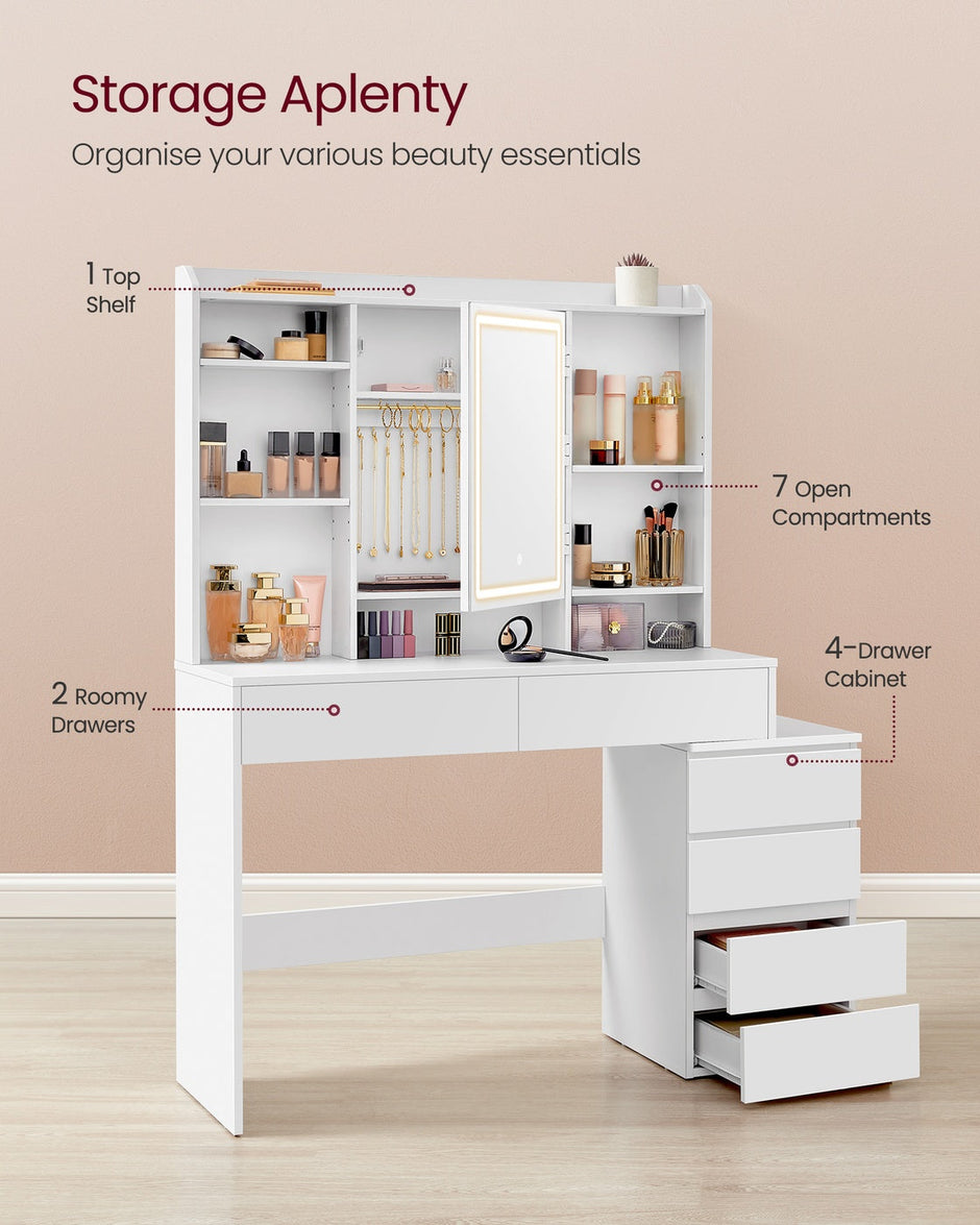 Dressing Table – Engineered Wood – Cloud White – LED Lights with Adjustable Brightness and Drawers