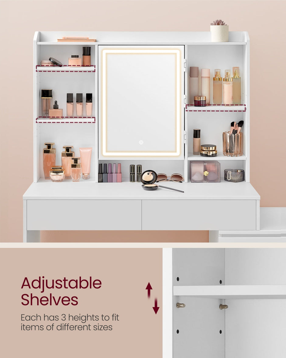 Dressing Table – Engineered Wood – Cloud White – LED Lights with Adjustable Brightness and Drawers