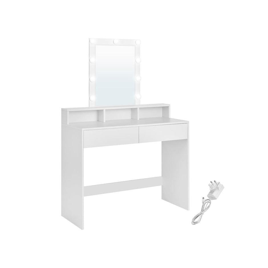 Dressing Table – Wood – White – LED Lights with Adjustable Brightness and Storage Compartments