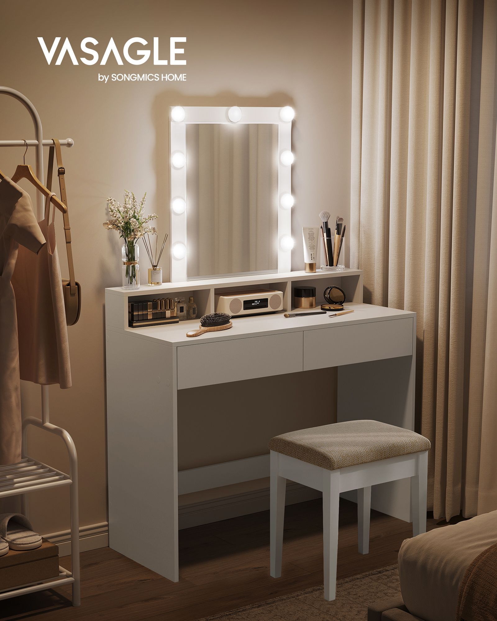 Dressing Table – Wood – White – LED Lights with Adjustable Brightness and Storage Compartments