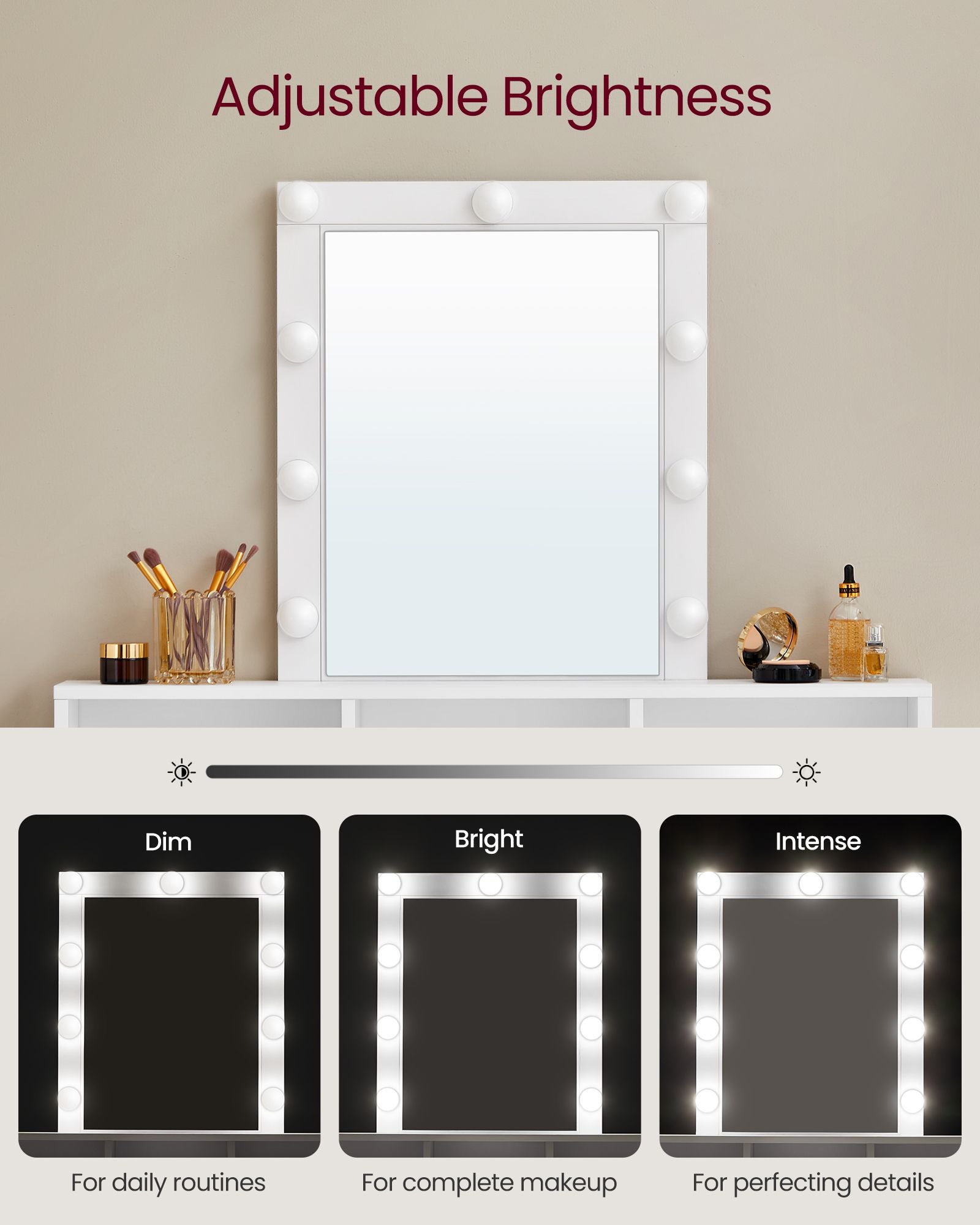 Dressing Table – Wood – White – LED Lights with Adjustable Brightness and Storage Compartments