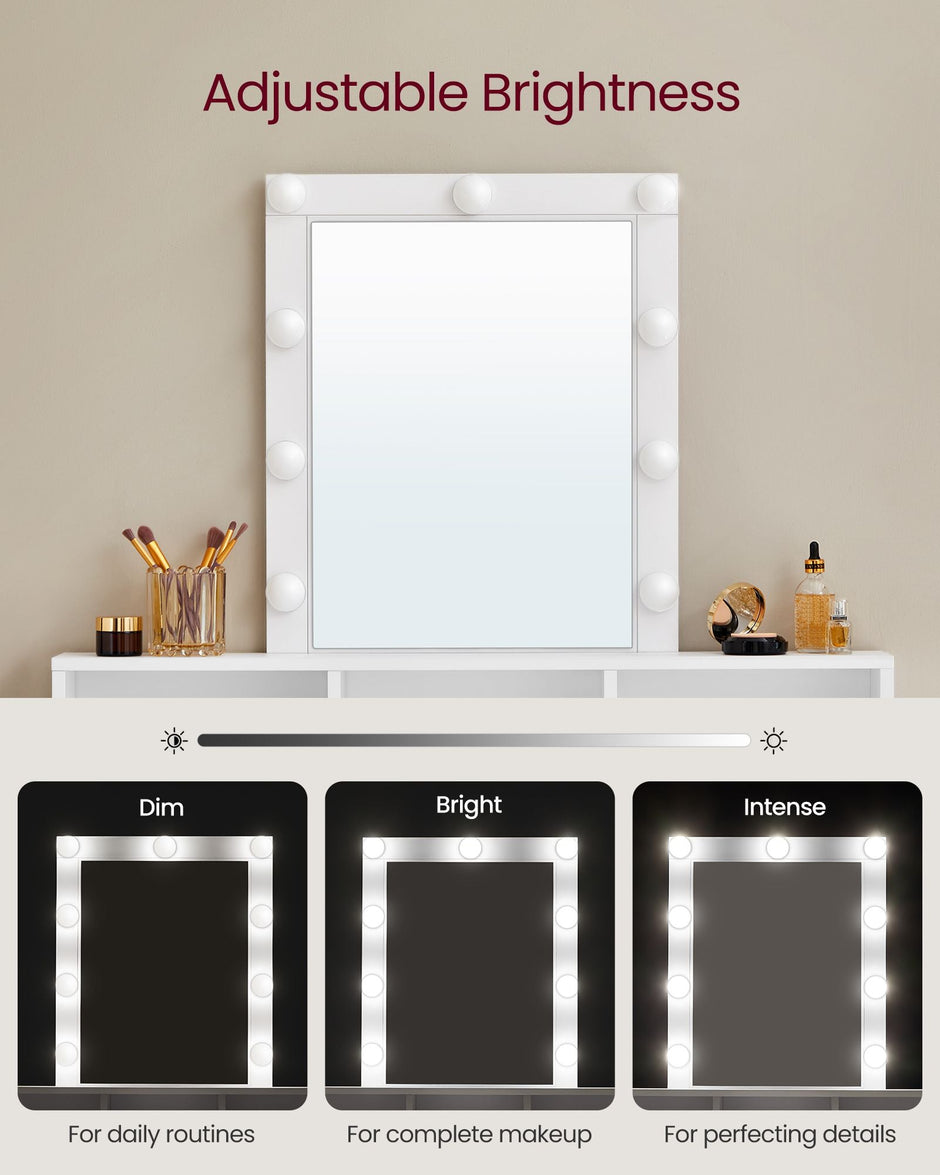 Dressing Table – Wood – White – LED Lights with Adjustable Brightness and Storage Compartments