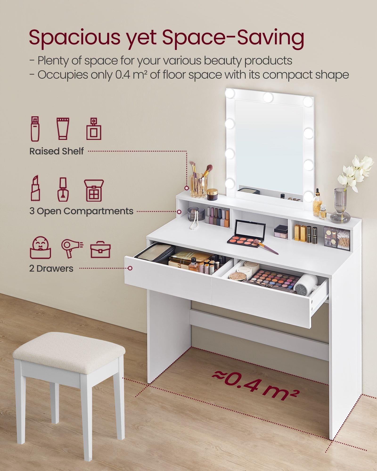 Dressing Table – Wood – White – LED Lights with Adjustable Brightness and Storage Compartments
