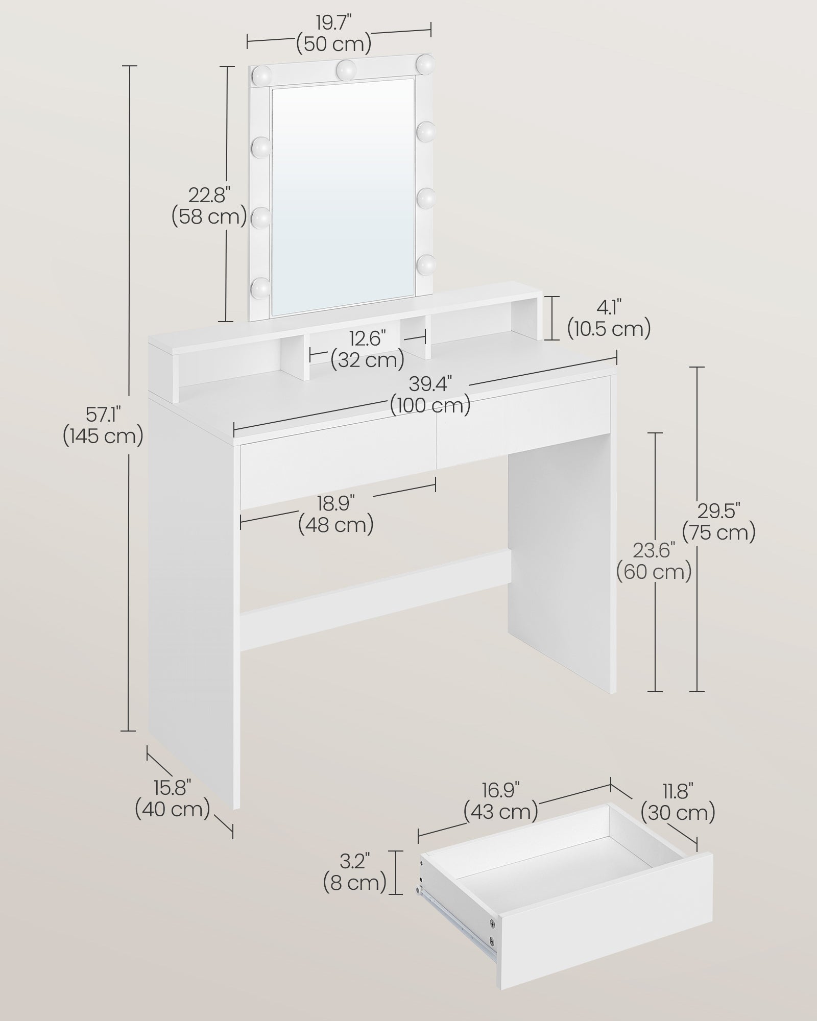 Dressing Table – Wood – White – LED Lights with Adjustable Brightness and Storage Compartments