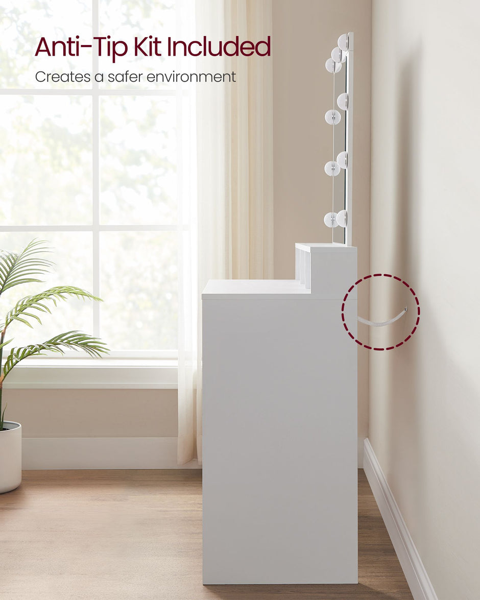 Dressing Table – Wood – White – LED Lights with Adjustable Brightness and Storage Compartments