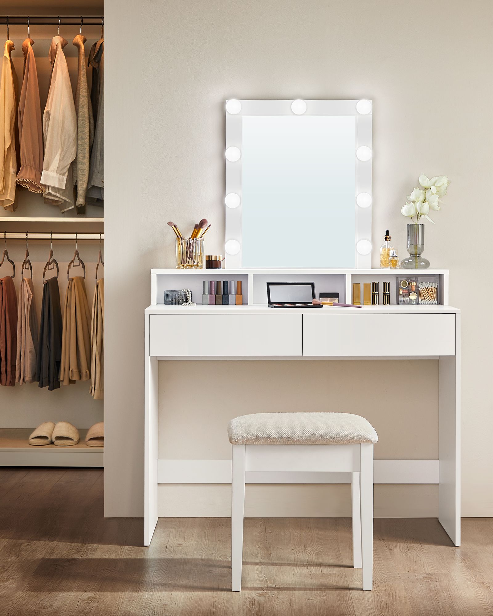Dressing Table – Wood – White – LED Lights with Adjustable Brightness and Storage Compartments