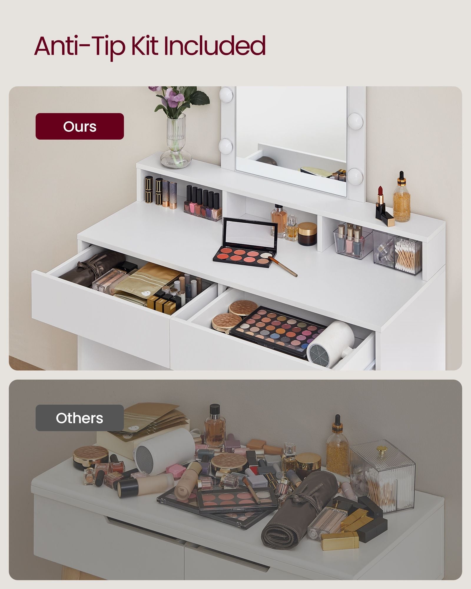Dressing Table – Wood – White – LED Lights with Adjustable Brightness and Storage Compartments
