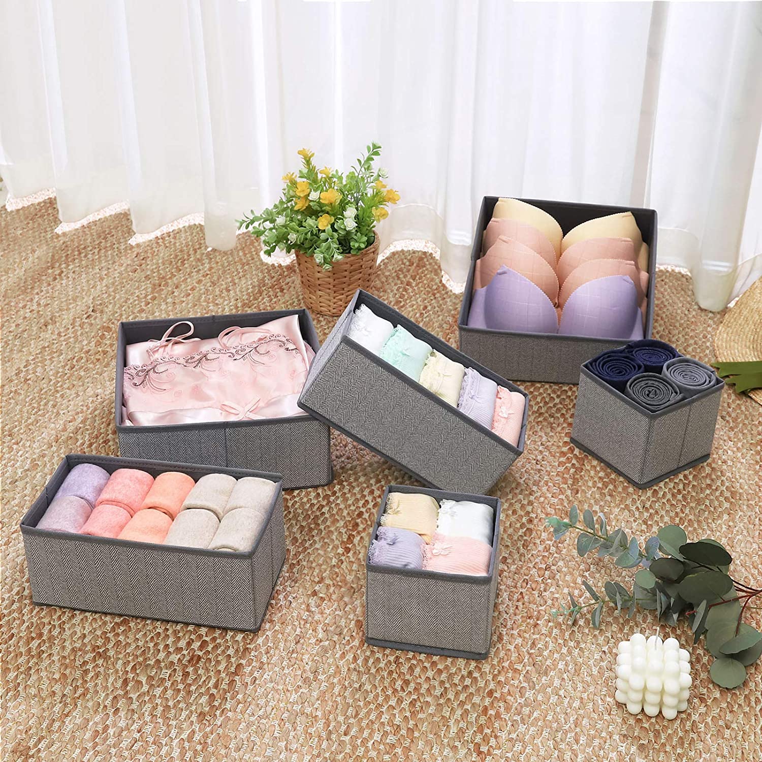 Set of 6 Foldable Drawer Organizers – Linenette Non-Woven Fabric – Dark Grey – Versatile Storage for Socks, Underwear, Scarves, and Ties