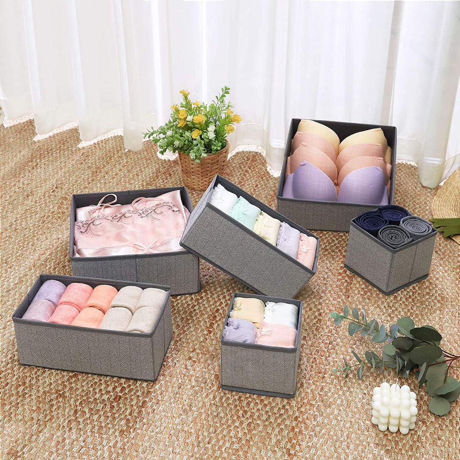 Set of 6 Foldable Drawer Organizers – Linenette Non-Woven Fabric – Dark Grey – Versatile Storage for Socks, Underwear, Scarves, and Ties