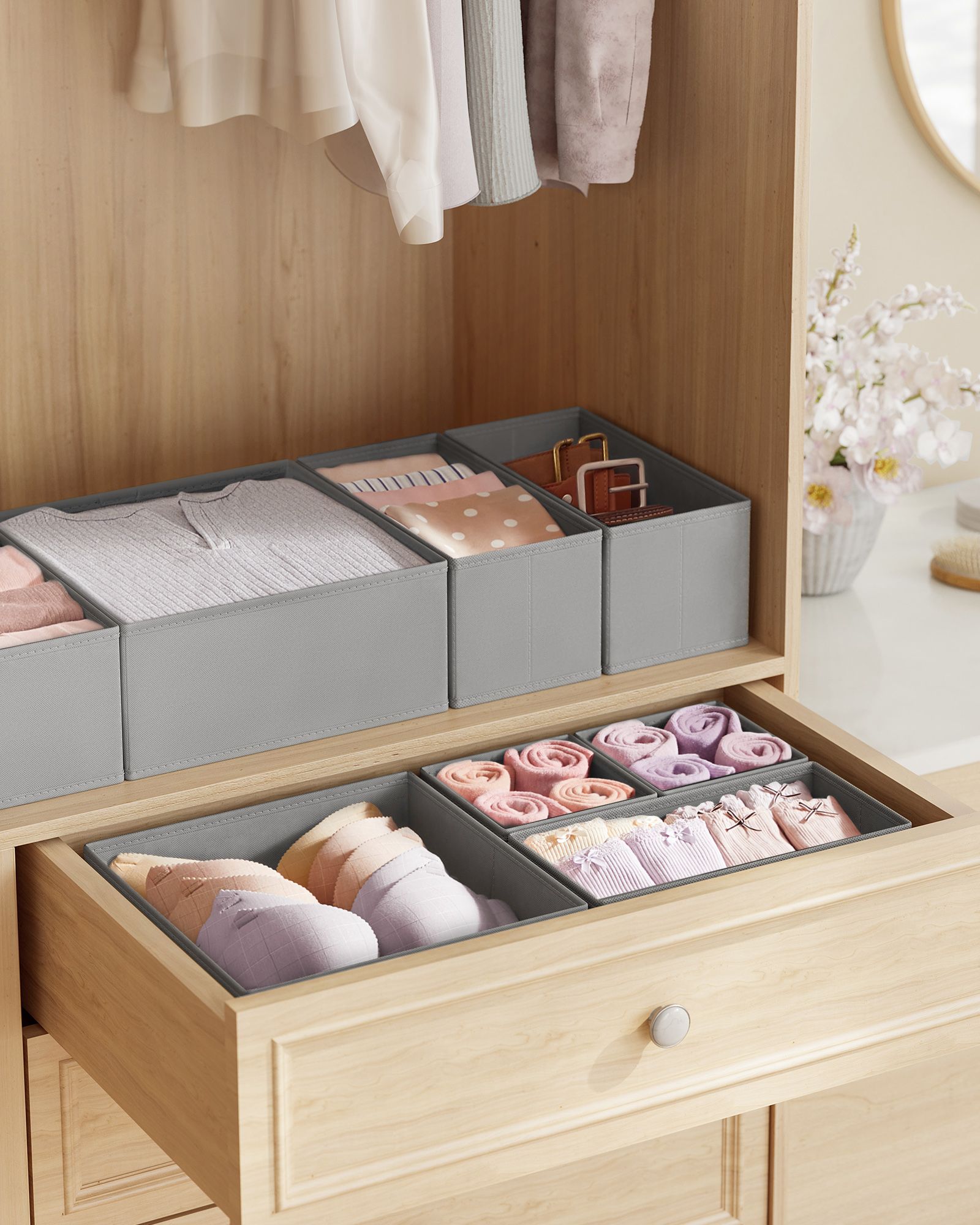 Set of 12 Foldable Fabric Drawer Organisers – Linenette Non-Woven Fabric – Dove Grey – Multi-Functional Storage Solution for Clothing Accessories