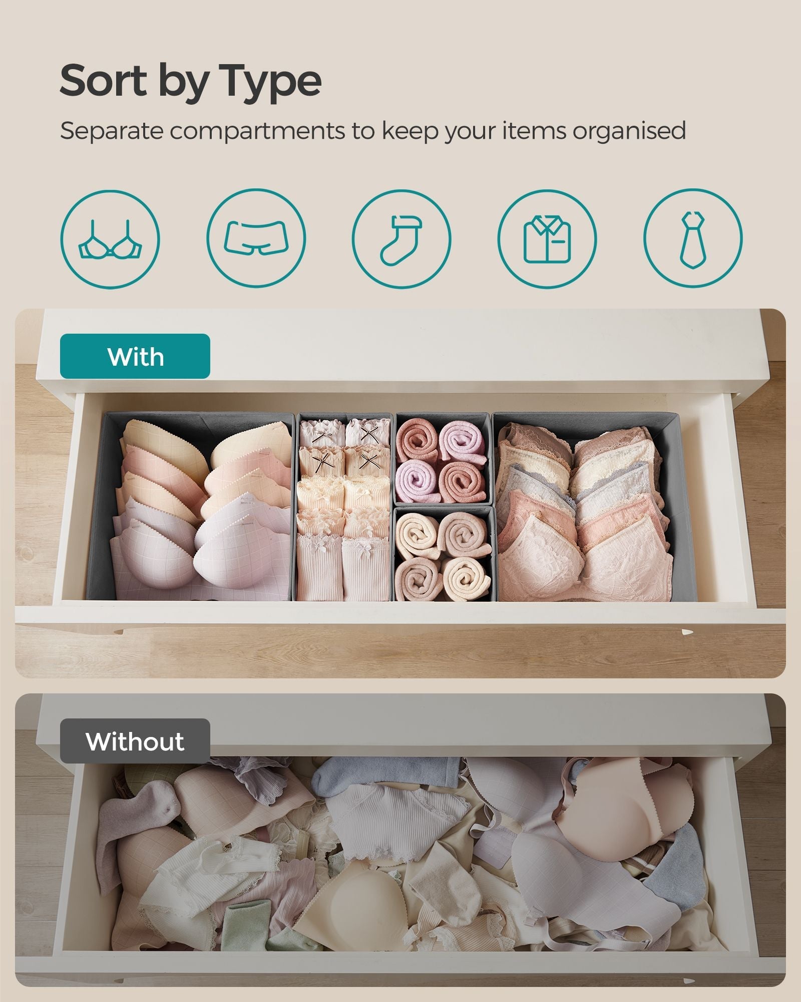 Set of 12 Foldable Fabric Drawer Organisers – Linenette Non-Woven Fabric – Dove Grey – Multi-Functional Storage Solution for Clothing Accessories
