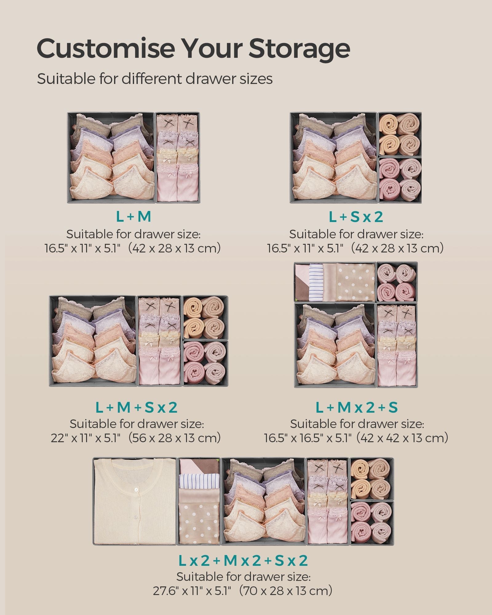 Set of 12 Foldable Fabric Drawer Organisers – Linenette Non-Woven Fabric – Dove Grey – Multi-Functional Storage Solution for Clothing Accessories