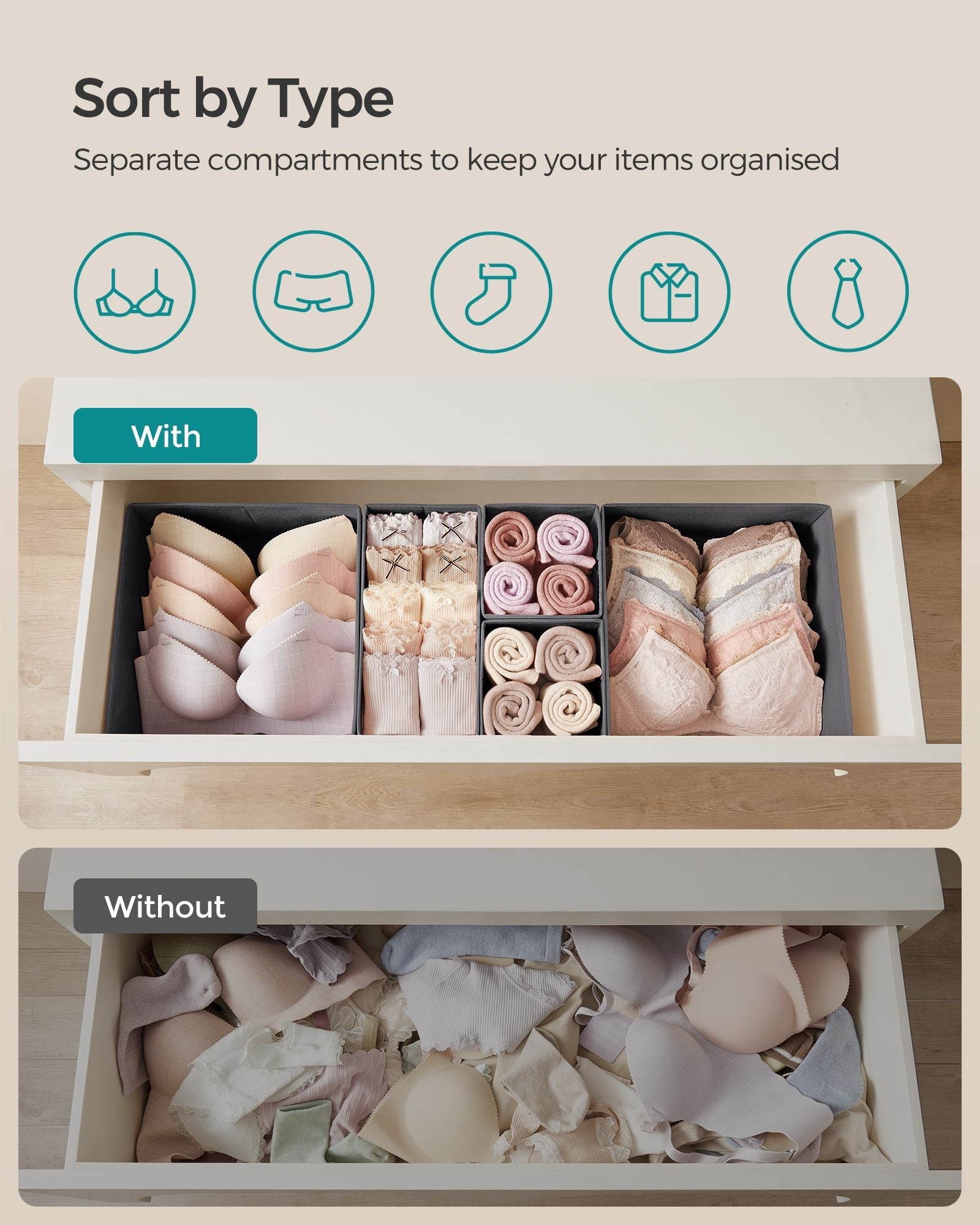 Set of 12 Foldable Fabric Drawer Organisers – Linenette Non-Woven Fabric – Slate Grey – Ideal for Socks, Underwear, Scarves, Ties
