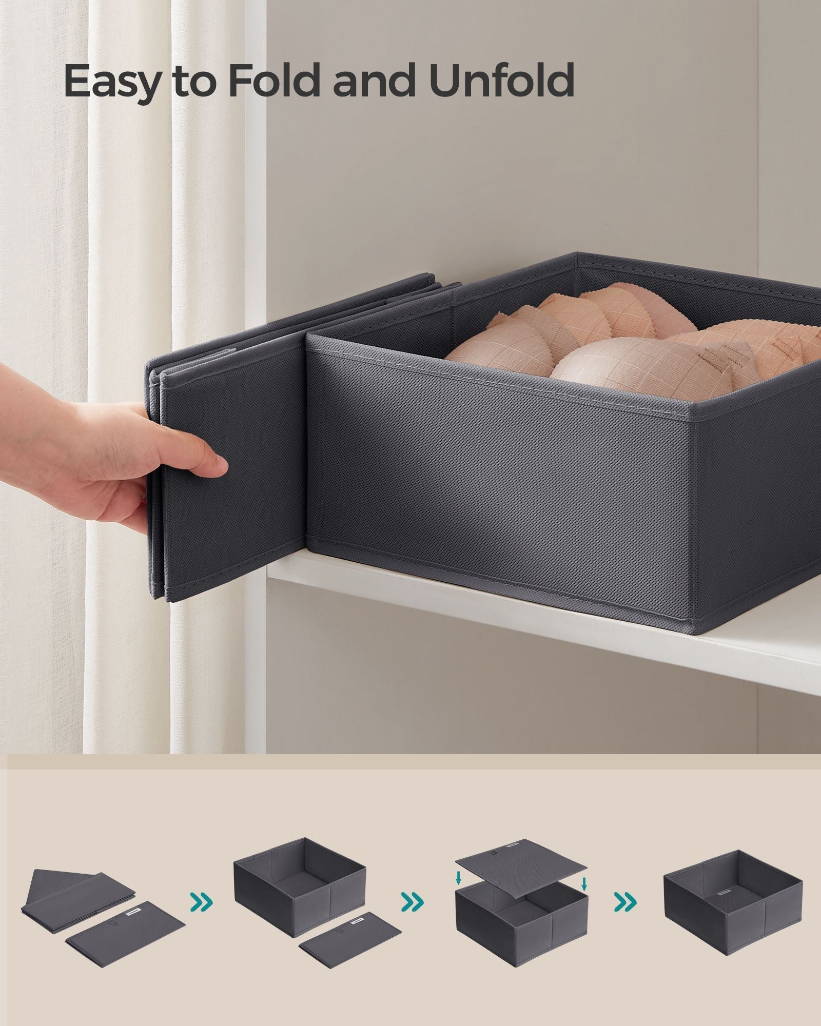 Set of 12 Foldable Fabric Drawer Organisers – Linenette Non-Woven Fabric – Slate Grey – Ideal for Socks, Underwear, Scarves, Ties