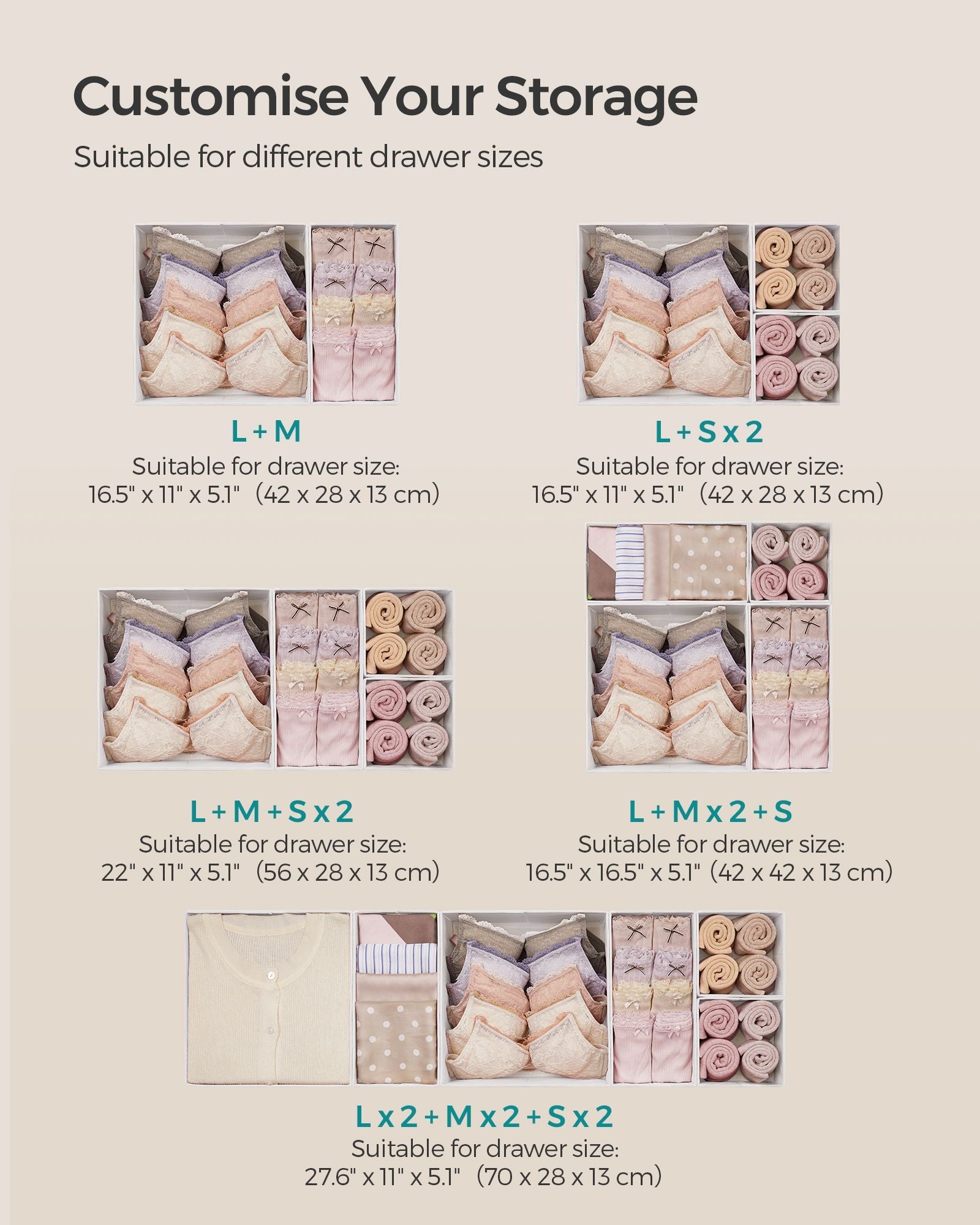 Set of 6 Foldable Fabric Drawer Organisers – Non-Woven Fabric – Cloud White – Versatile Storage for Socks, Underwear, Scarves, and Ties