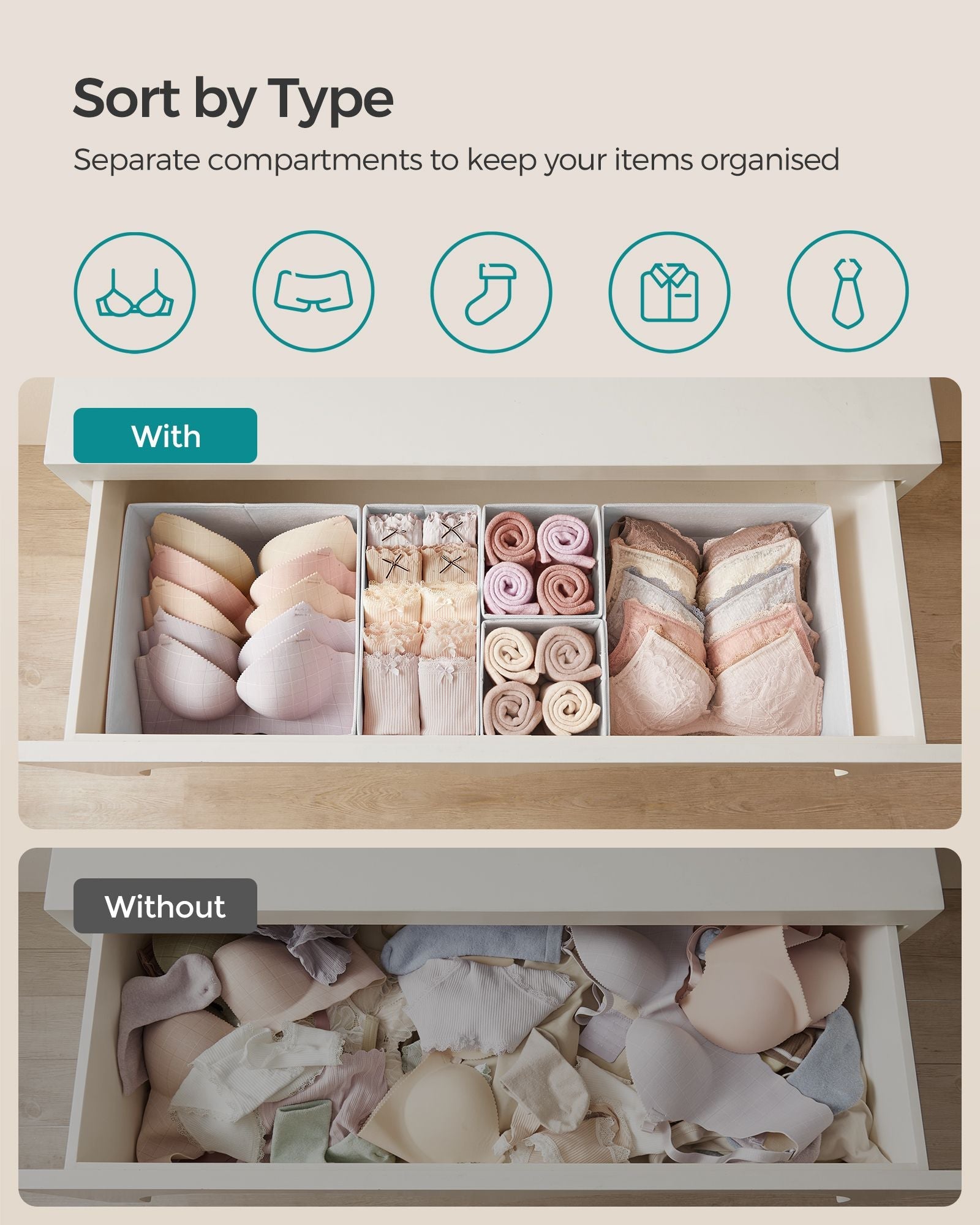 Set of 12 Foldable Fabric Drawer Organisers – Linenette Non-Woven Fabric – Cloud White – Versatile Storage Solution