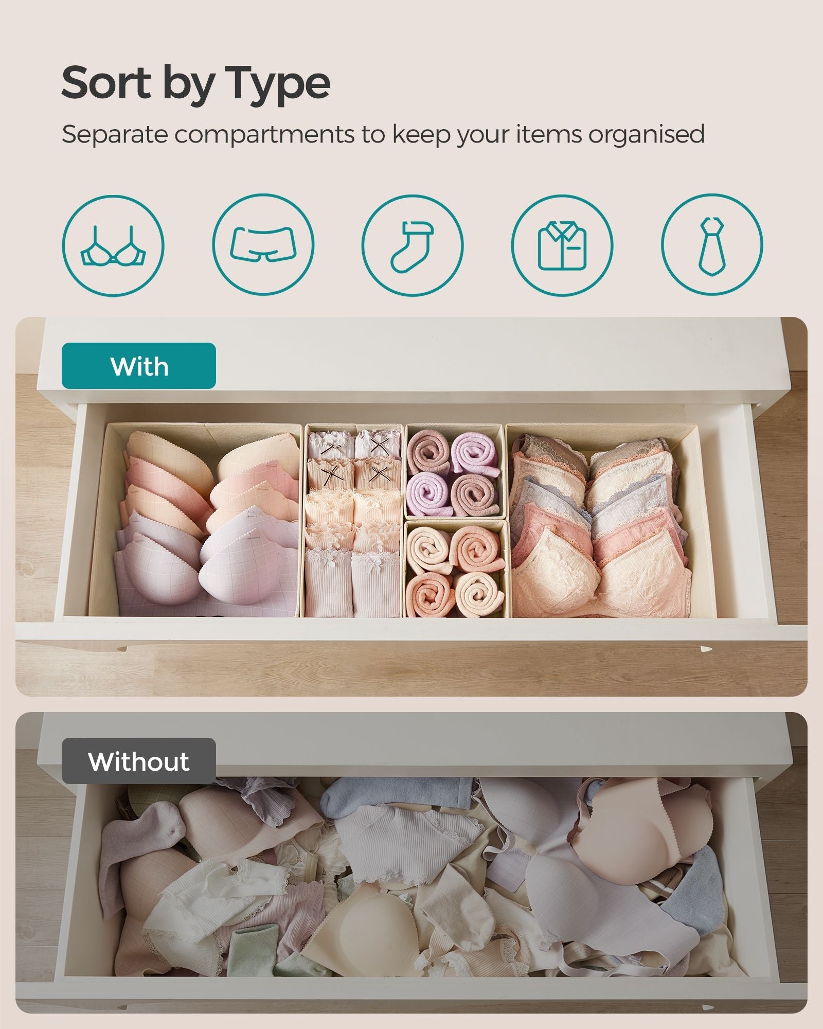 Set of 12 Foldable Fabric Drawer Organisers – Linenette Non-Woven Fabric – Sand Beige – Ideal for Socks, Underwear, Scarves, and Ties