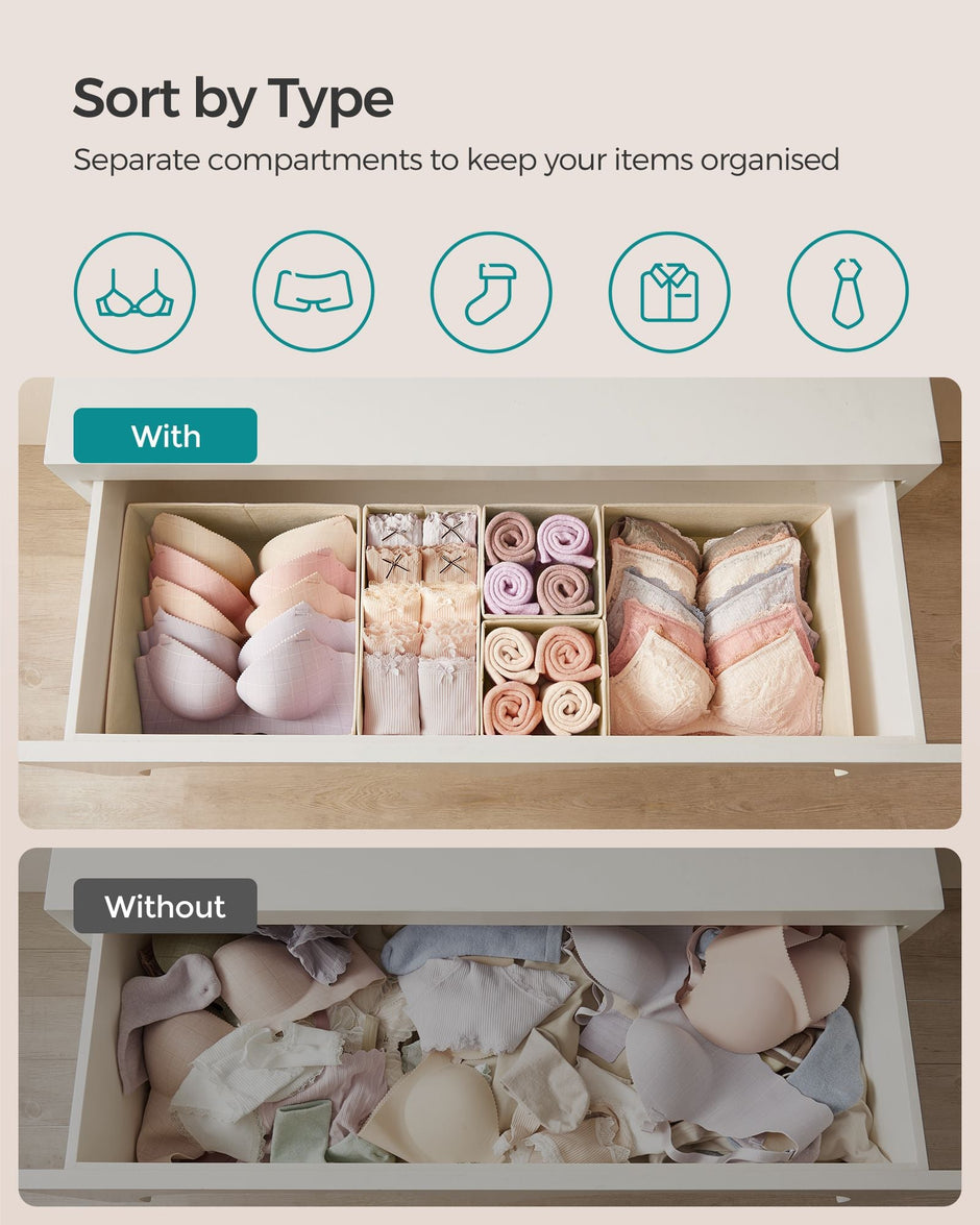 Set of 12 Foldable Fabric Drawer Organisers – Linenette Non-Woven Fabric – Sand Beige – Ideal for Socks, Underwear, Scarves, and Ties