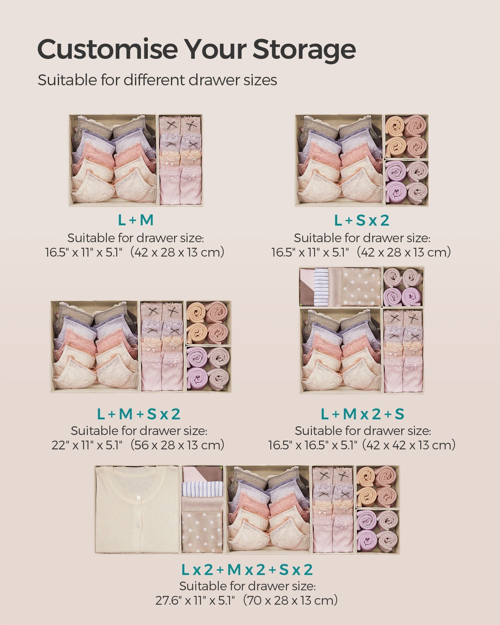Set of 12 Foldable Fabric Drawer Organisers – Linenette Non-Woven Fabric – Sand Beige – Ideal for Socks, Underwear, Scarves, and Ties