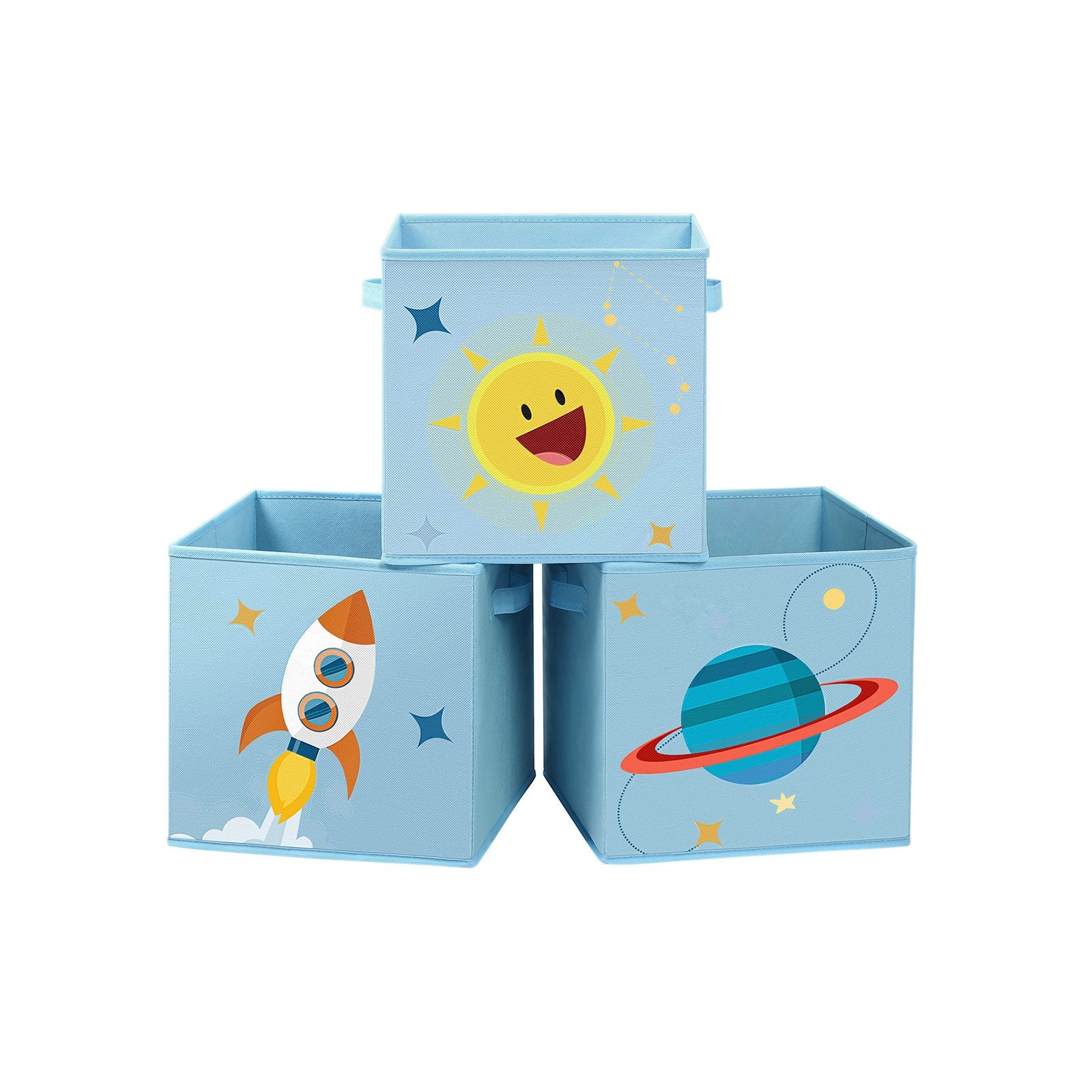 Set of 3 Fabric Cube Storage Bins – Blue and Green – Foldable with Handles – Space Theme